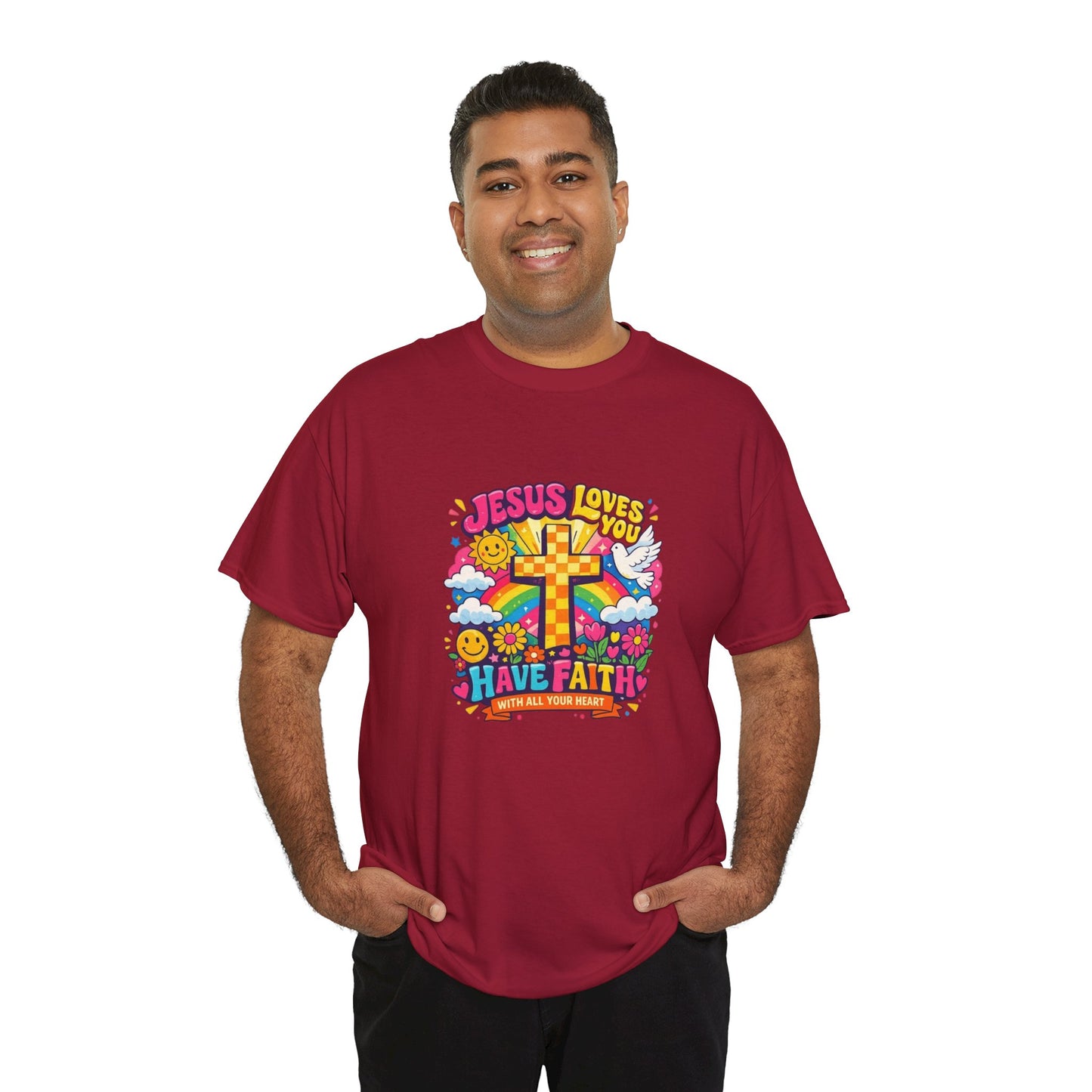 Christian Cross T-Shirt — "Jesus Loves You, Have Faith" Colorful Faith Tee