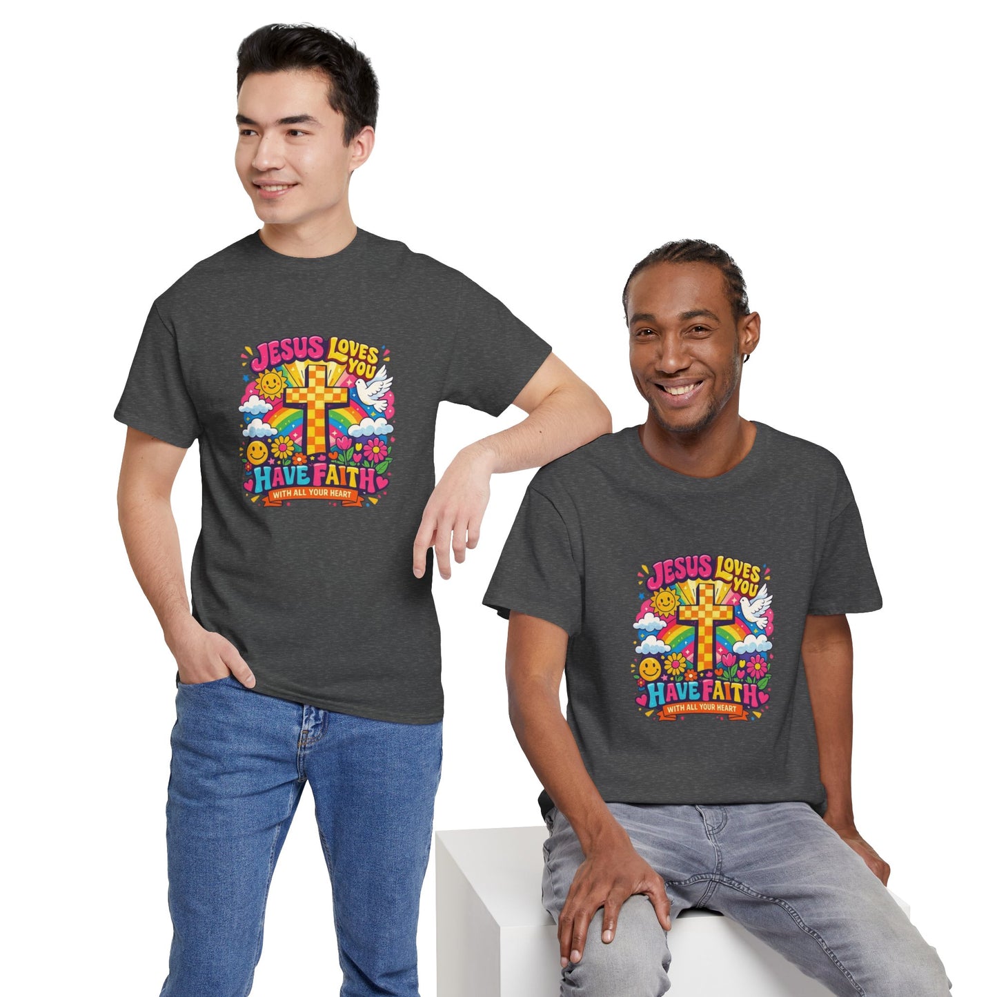 Christian Cross T-Shirt — "Jesus Loves You, Have Faith" Colorful Faith Tee