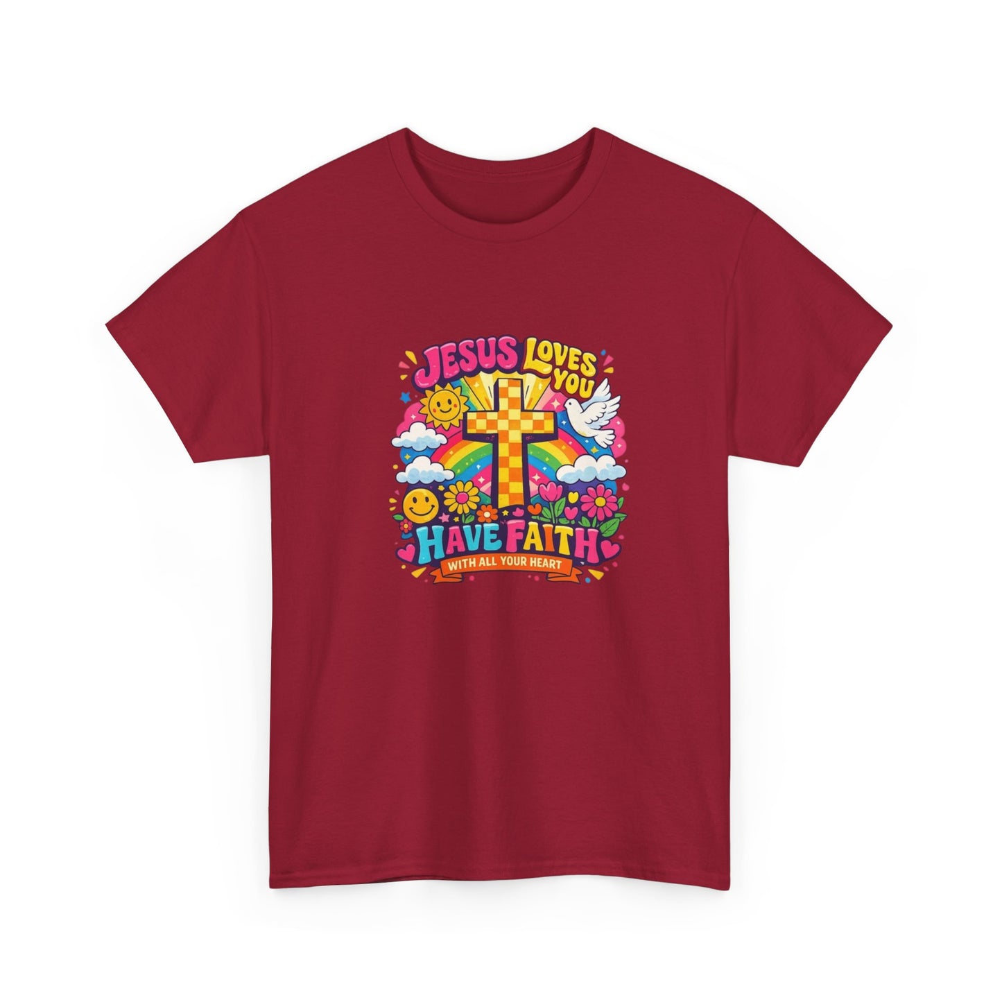 Christian Cross T-Shirt — "Jesus Loves You, Have Faith" Colorful Faith Tee