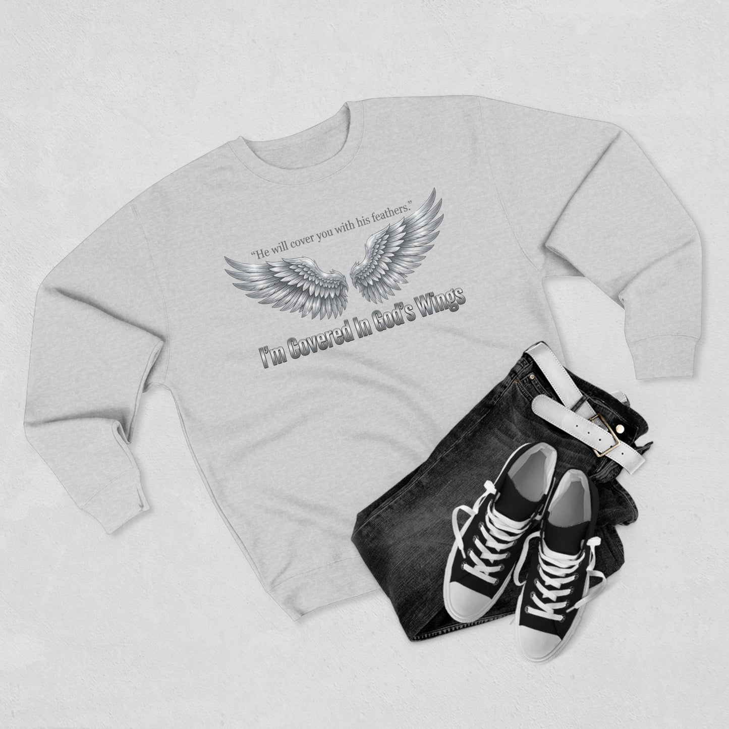Angel Wings Crewneck Sweatshirt — “I’m Covered In God’s Wings” Inspirational Pullover