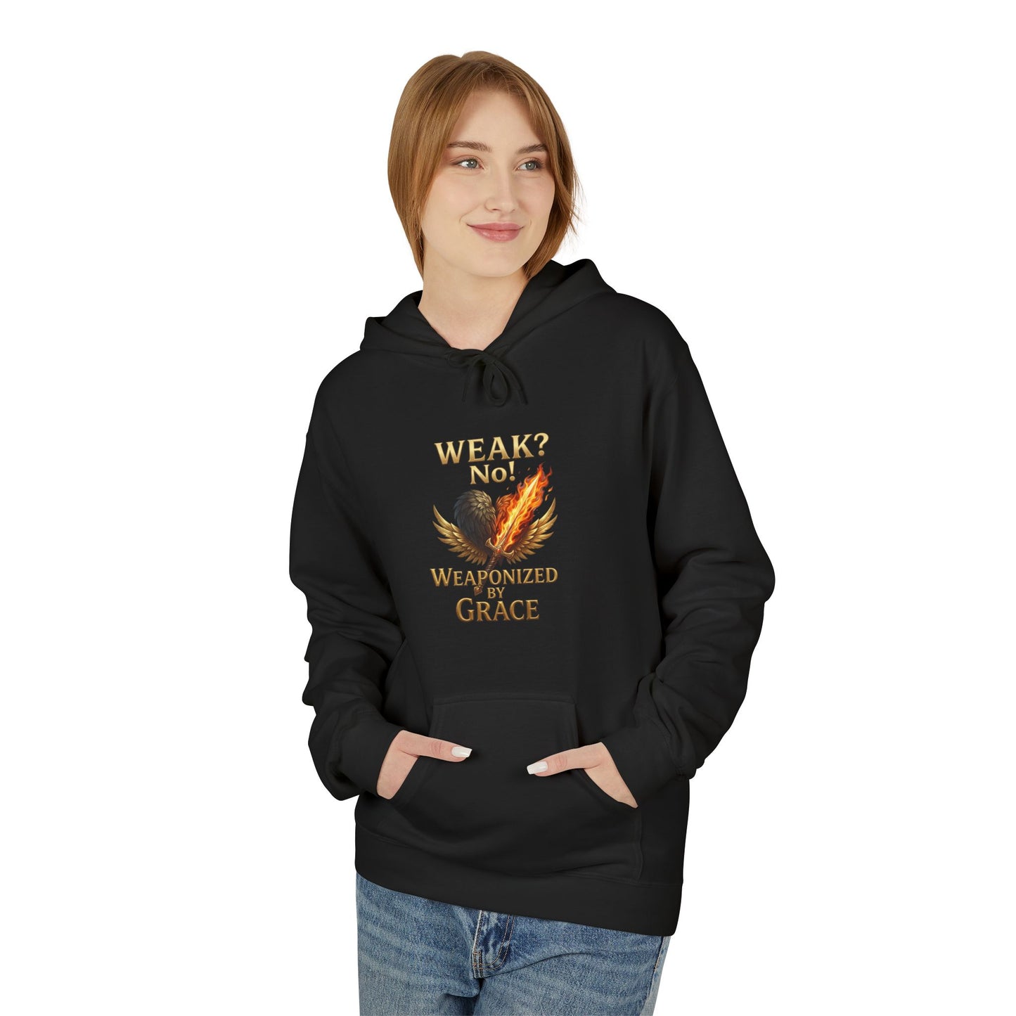 Grace-Armored Hoodie — "Weak? No, Weaponized by Grace" Christian Faith Pullover
