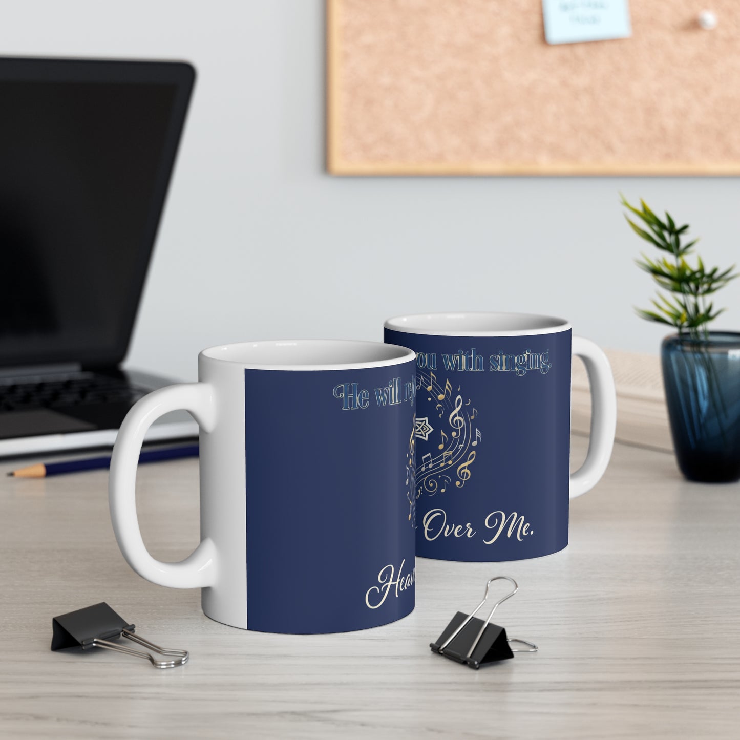 Religious Cross Music Mug — “He Will Rejoice Over You With Singing / Heaven Sings Over You”