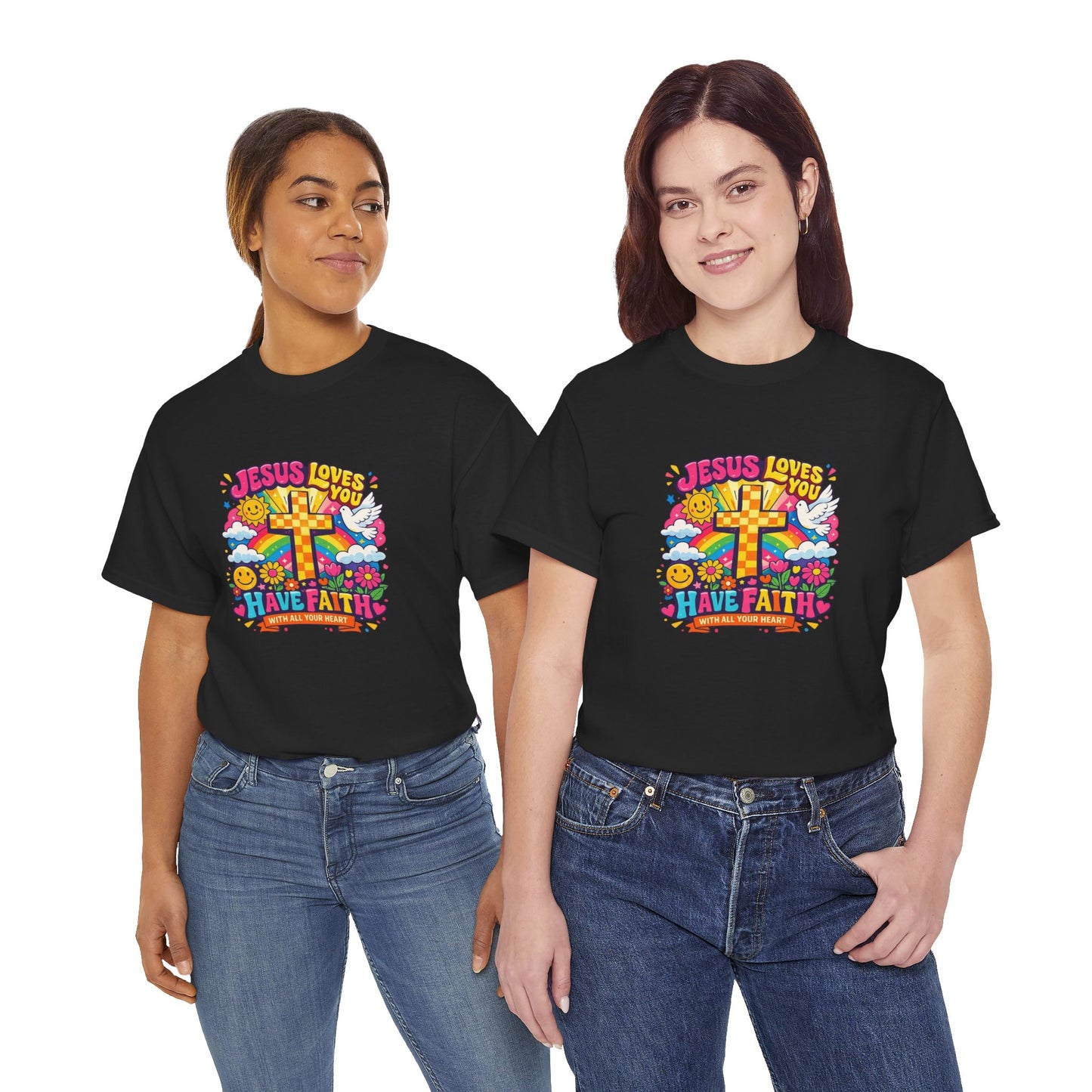 Christian Cross T-Shirt — "Jesus Loves You, Have Faith" Colorful Faith Tee