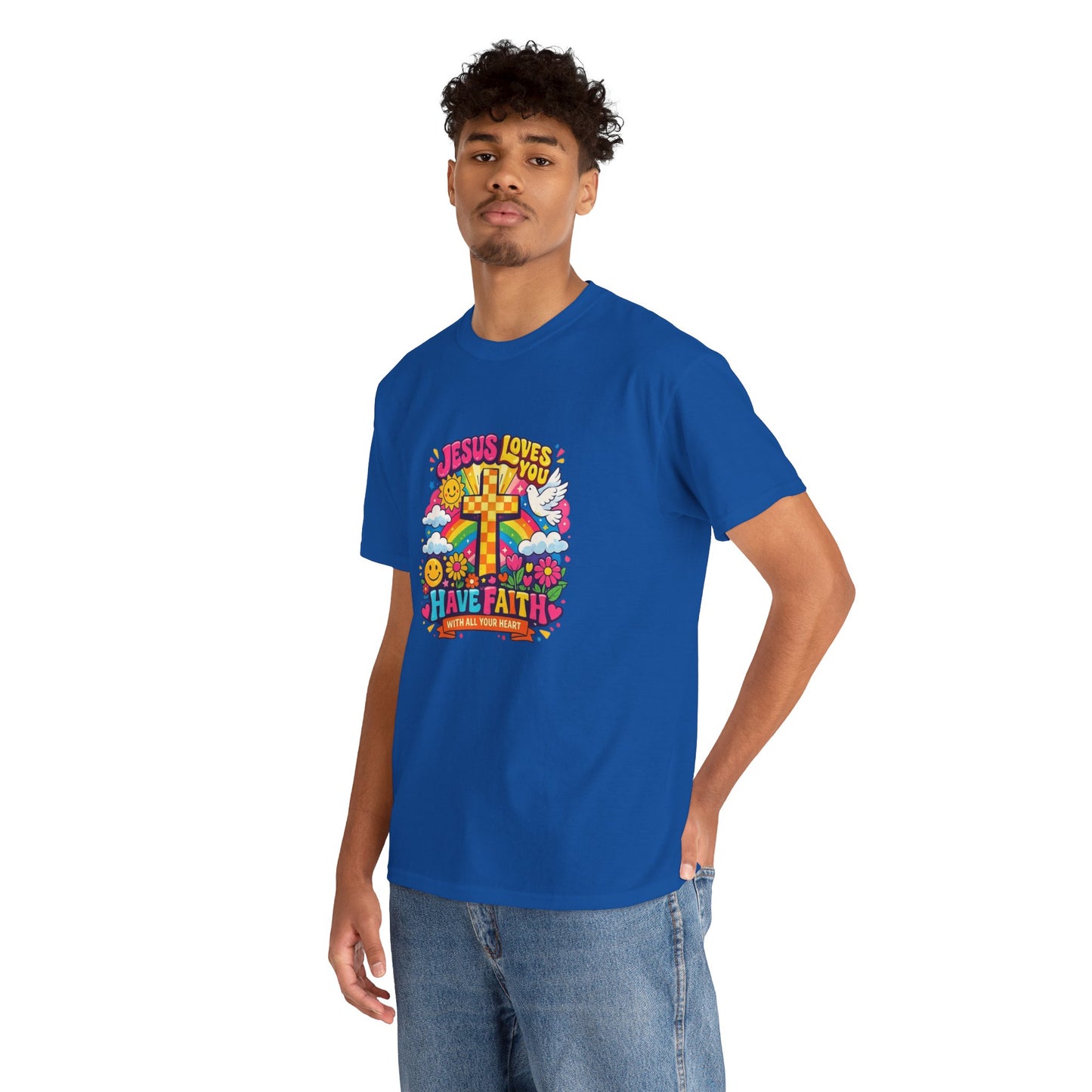 Christian Cross T-Shirt — "Jesus Loves You, Have Faith" Colorful Faith Tee