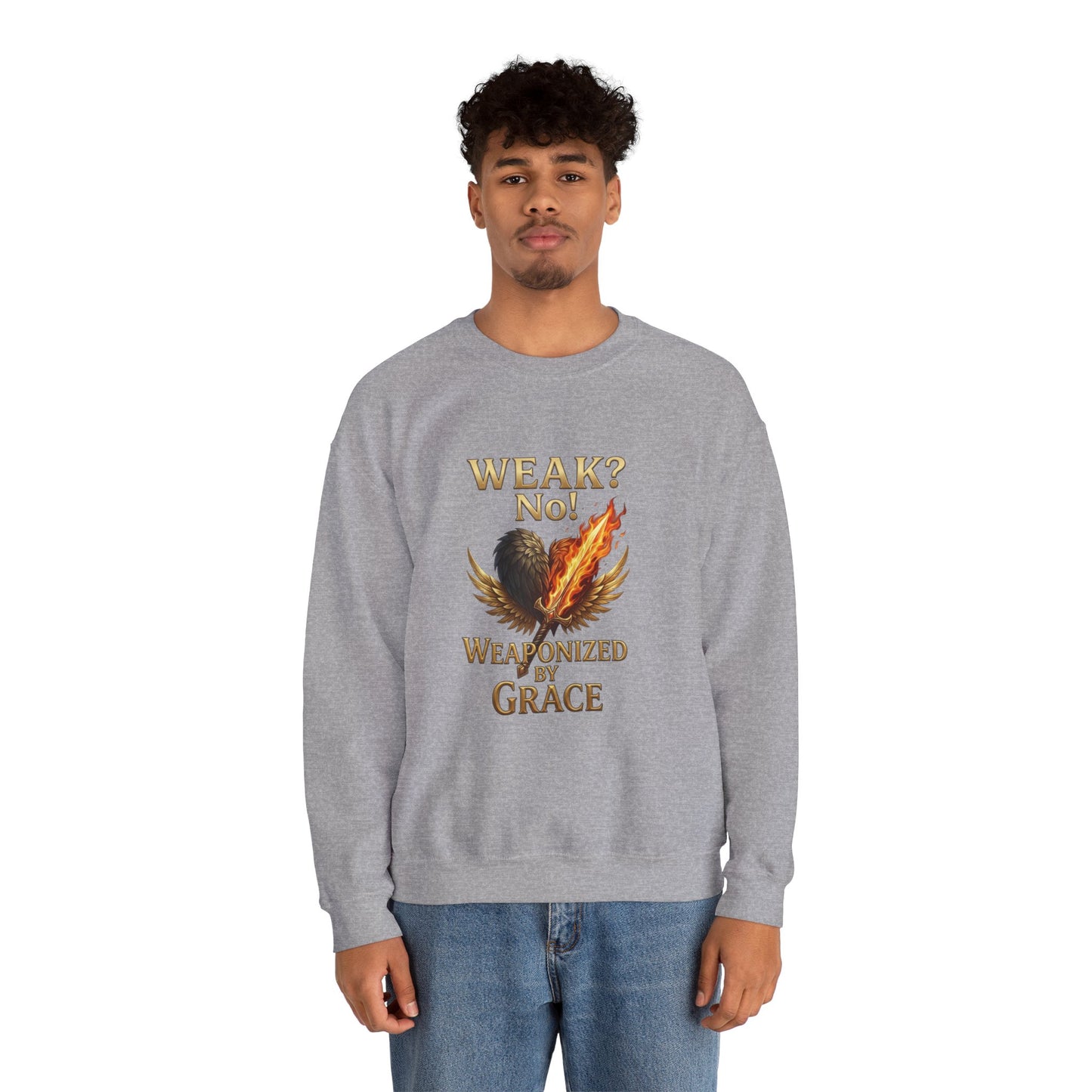 Women's/Unisex Sweatshirt: "Weak? No! Weaponized by Grace" Inspirational Christian Crewneck