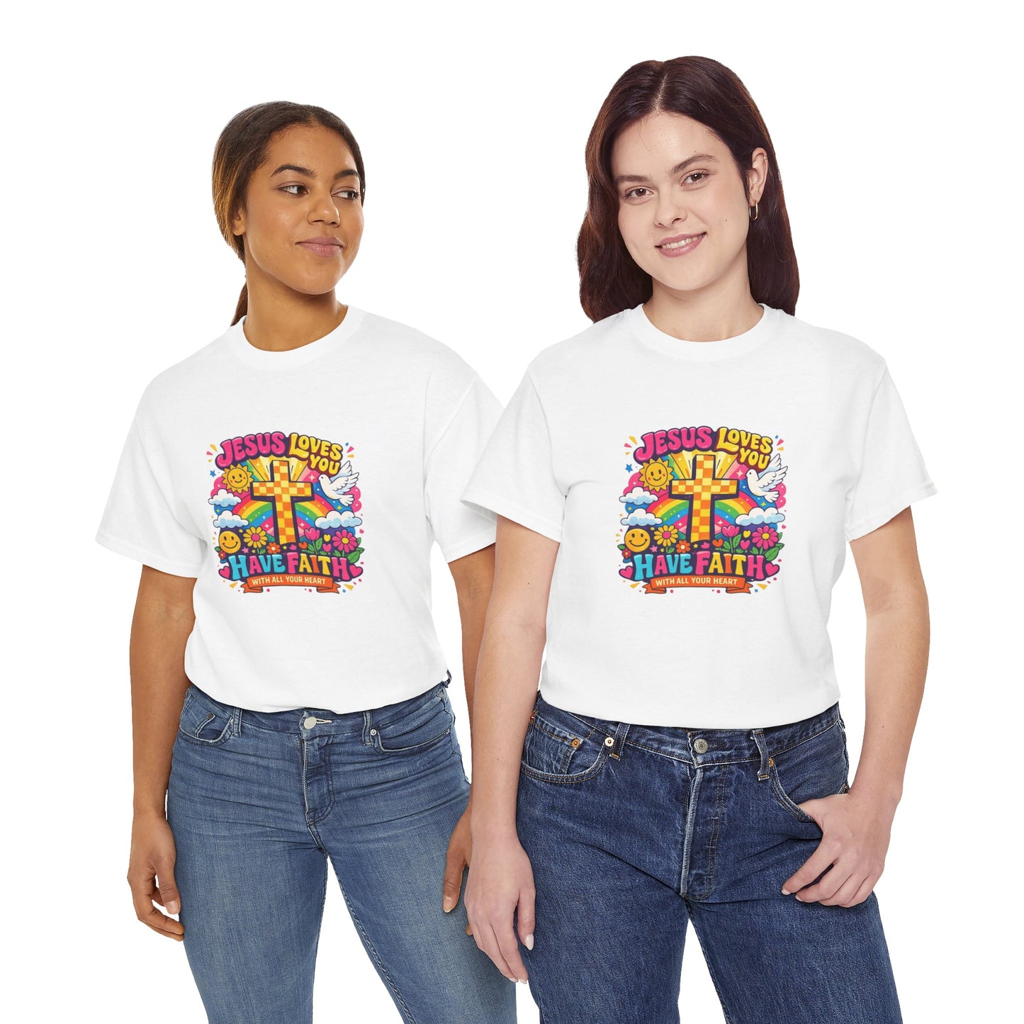 Christian Cross T-Shirt — "Jesus Loves You, Have Faith" Colorful Faith Tee
