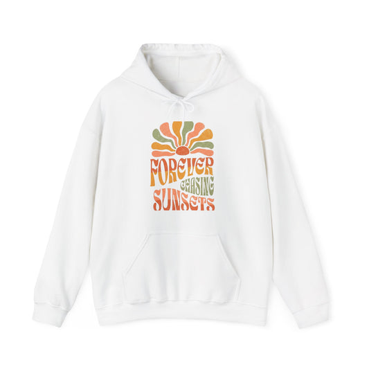 Forever Chasing Sunsets Hoodie — Retro Sunset Graphic Hooded Sweatshirt