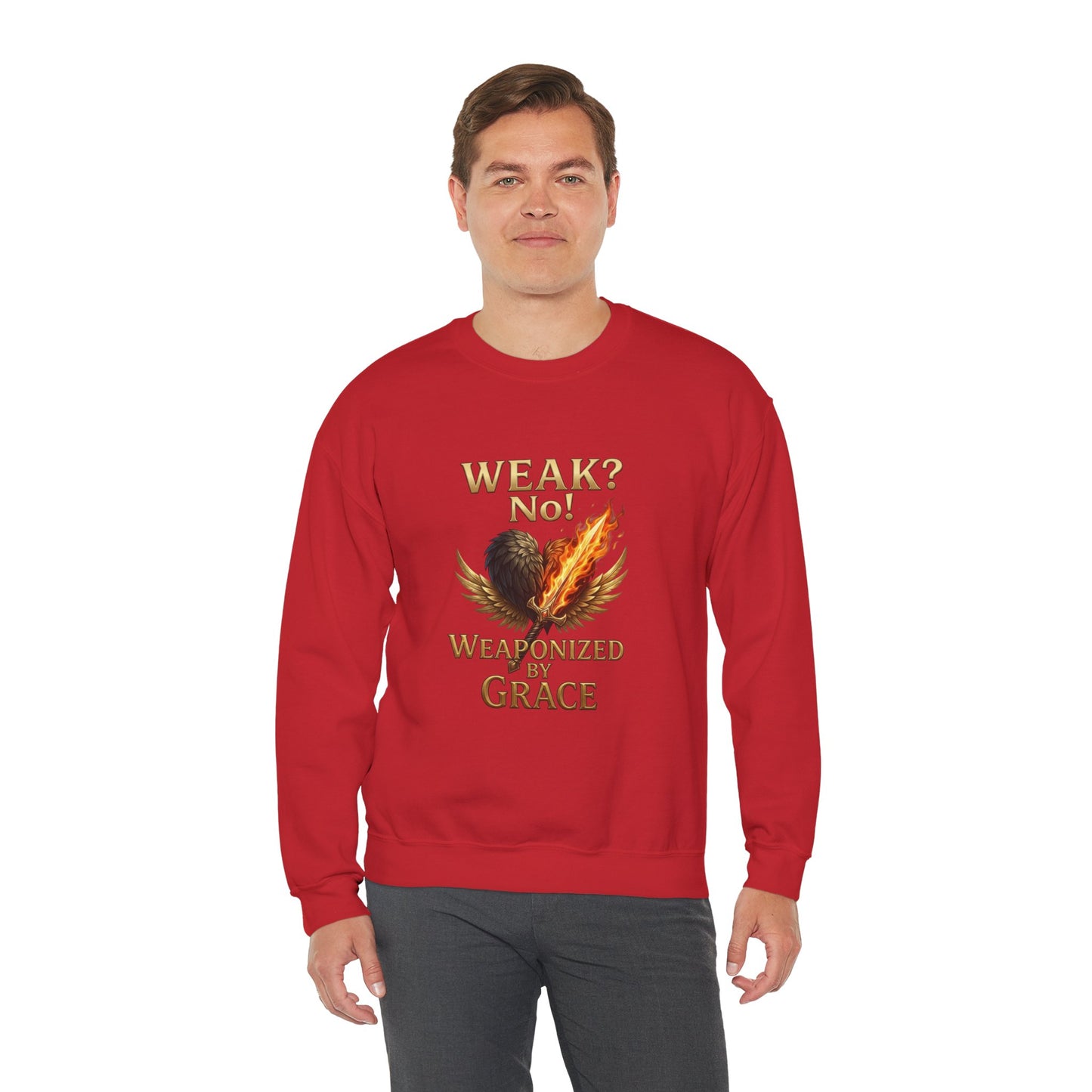 Women's/Unisex Sweatshirt: "Weak? No! Weaponized by Grace" Inspirational Christian Crewneck