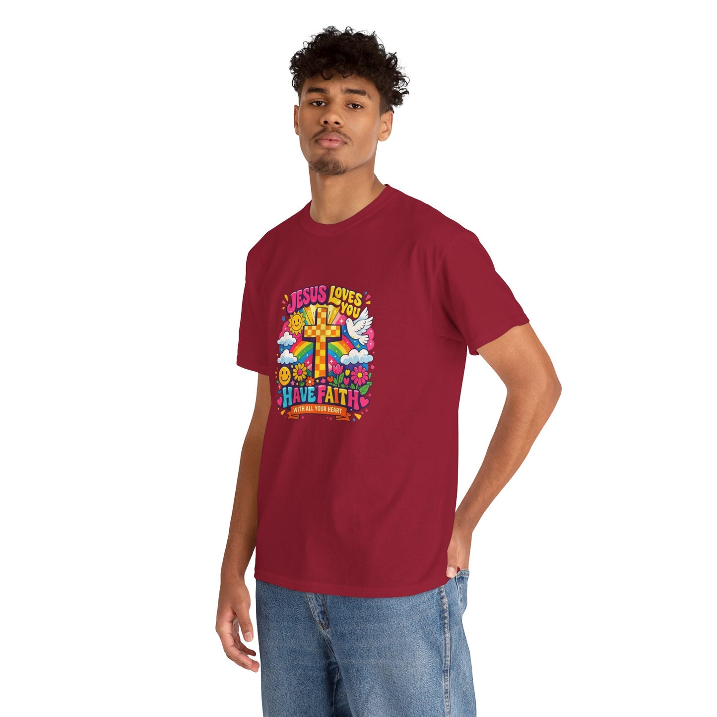 Christian Cross T-Shirt — "Jesus Loves You, Have Faith" Colorful Faith Tee