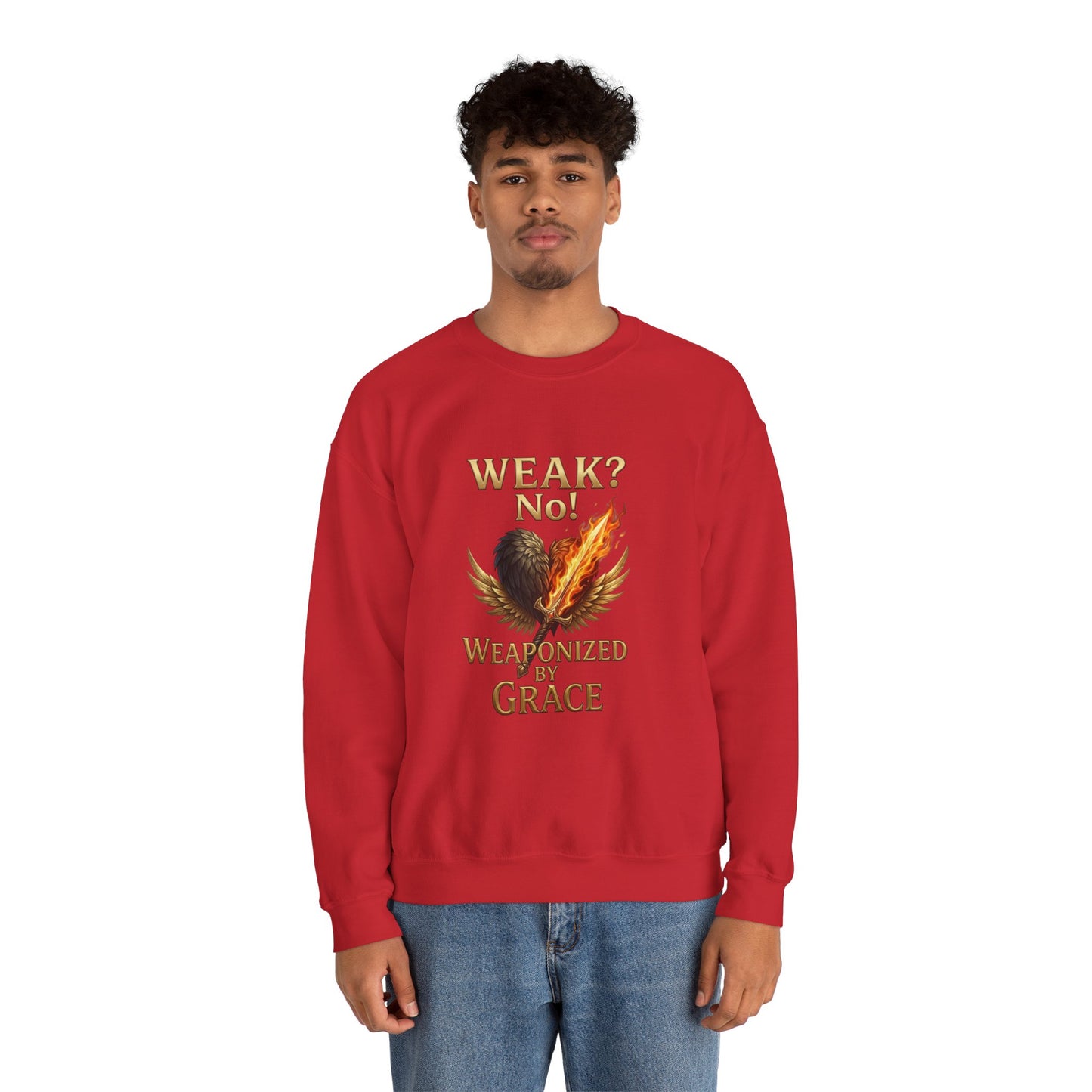 Women's/Unisex Sweatshirt: "Weak? No! Weaponized by Grace" Inspirational Christian Crewneck