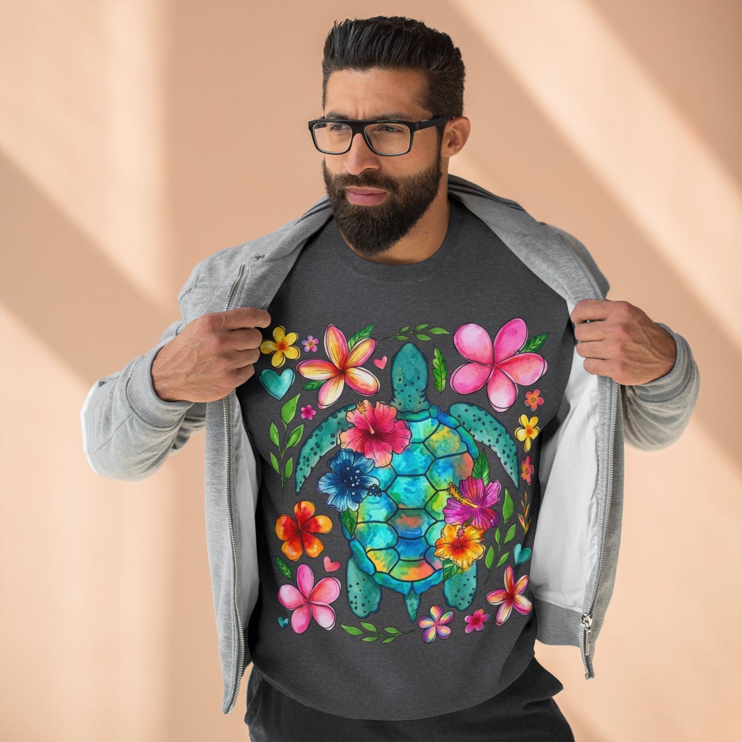 Floral Sea Turtle Sweatshirt — Colorful Watercolor Turtle & Flowers Crewneck