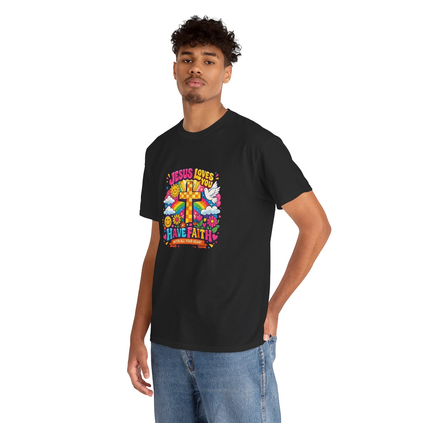 Christian Cross T-Shirt — "Jesus Loves You, Have Faith" Colorful Faith Tee