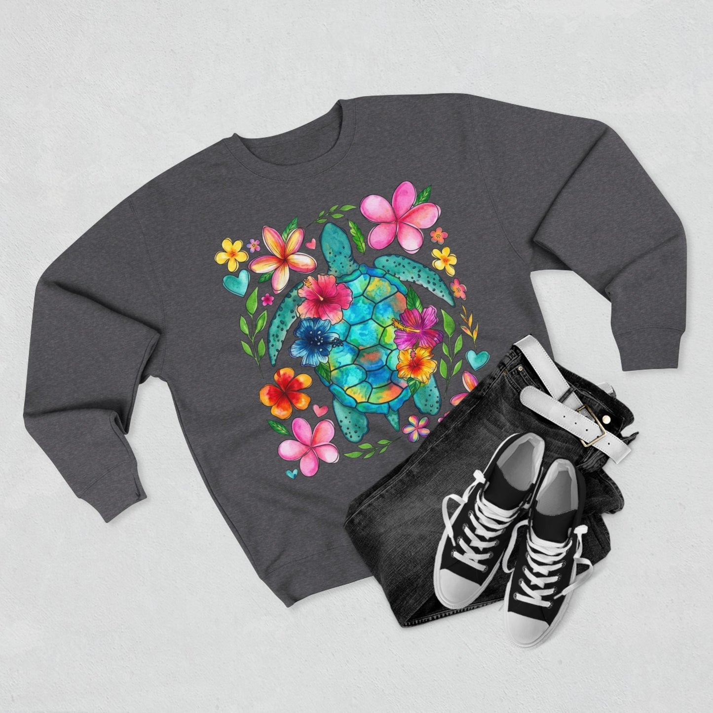 Floral Sea Turtle Sweatshirt — Colorful Watercolor Turtle & Flowers Crewneck