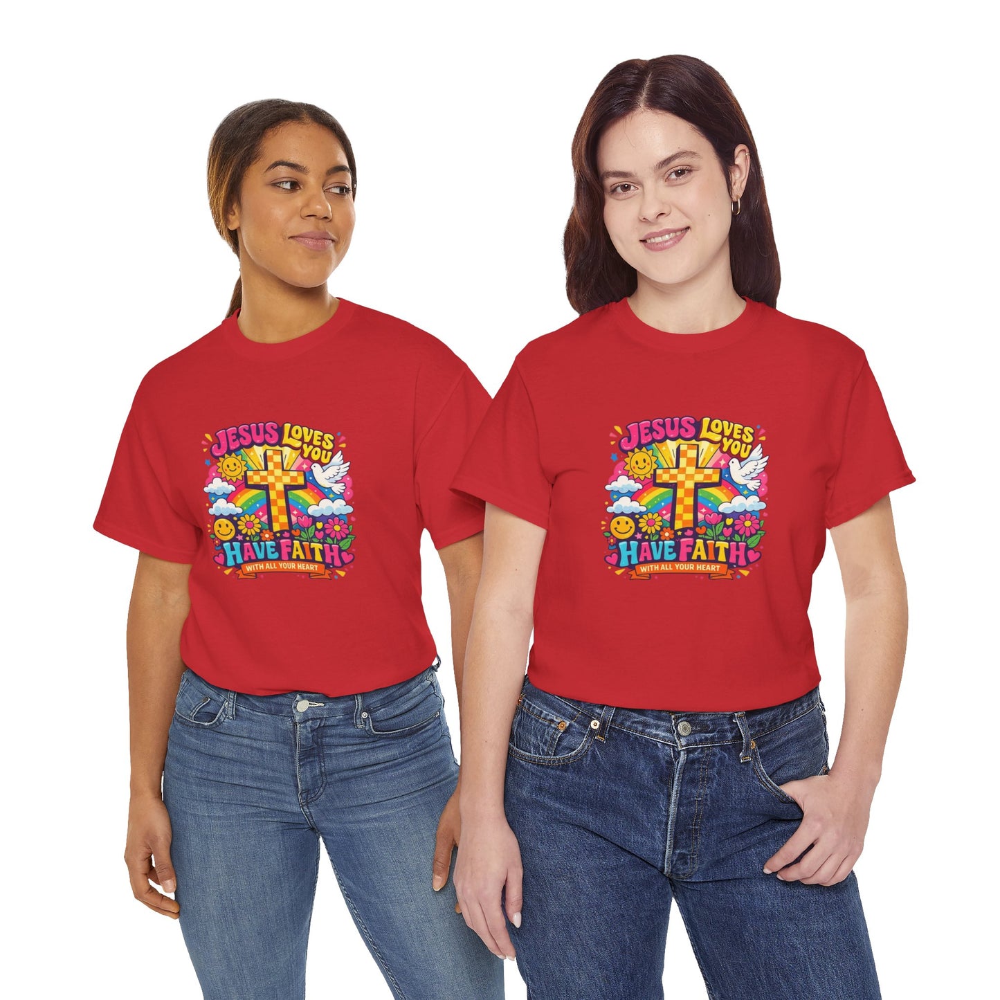 Christian Cross T-Shirt — "Jesus Loves You, Have Faith" Colorful Faith Tee