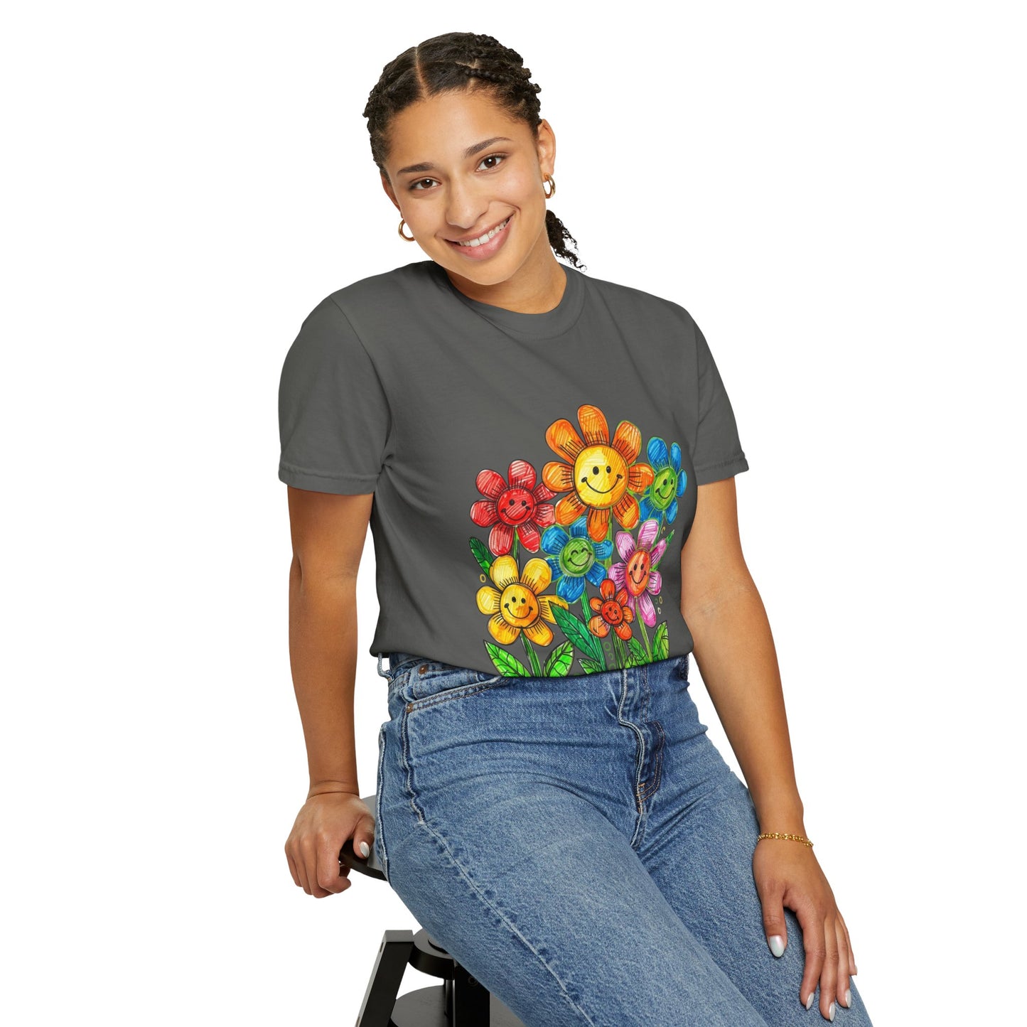 Smiling Rainbow Flower Graphic T-Shirt