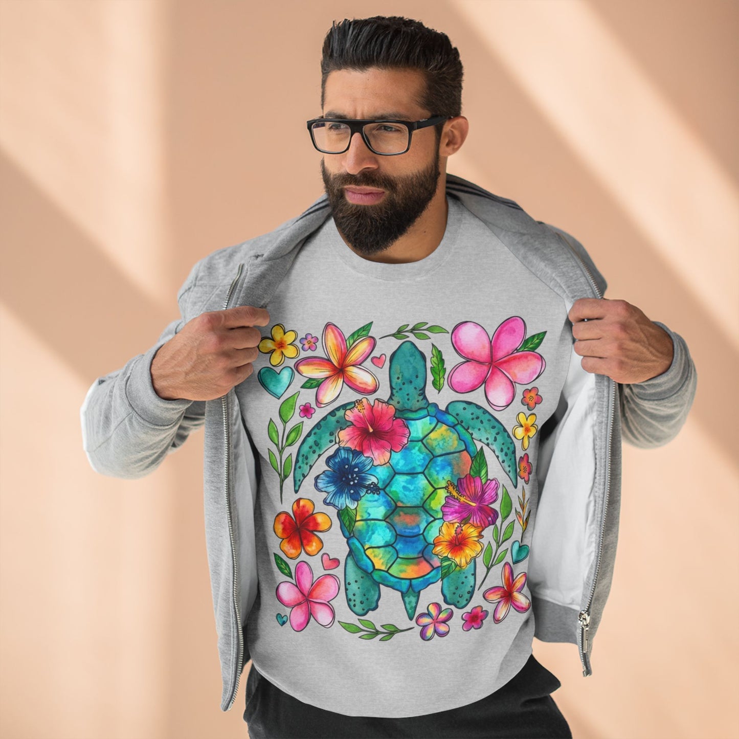 Floral Sea Turtle Sweatshirt — Colorful Watercolor Turtle & Flowers Crewneck