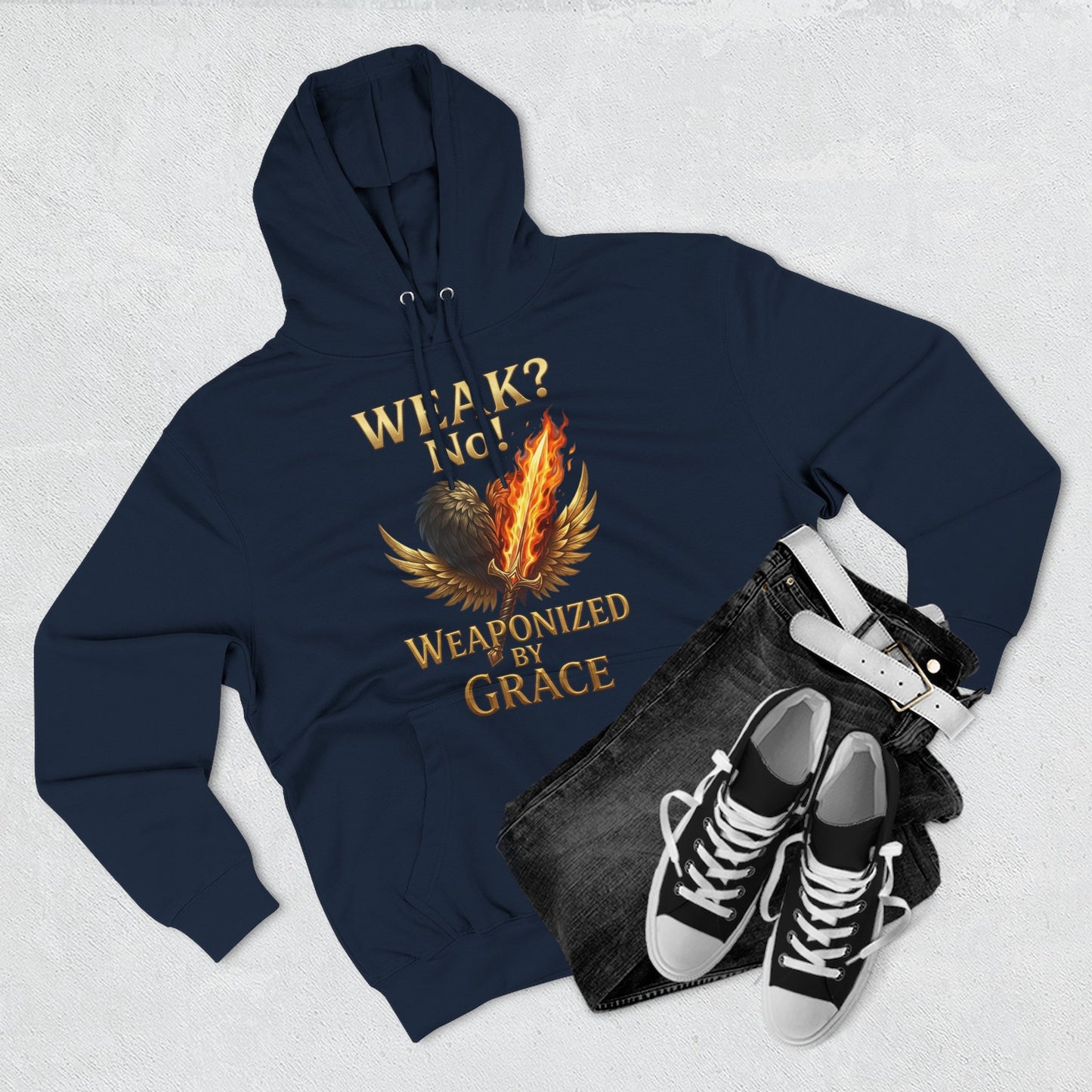 Hoodie - "Weak? No. Weaponized by Grace" Christian Inspirational Pullover