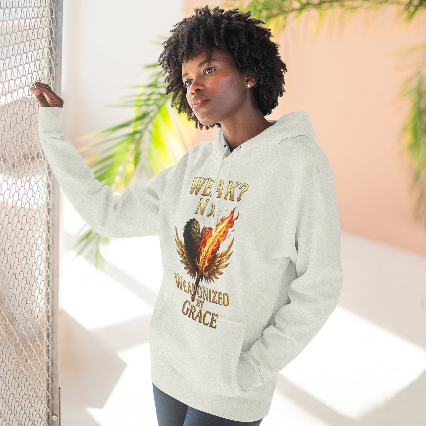 Hoodie - "Weak? No. Weaponized by Grace" Christian Inspirational Pullover