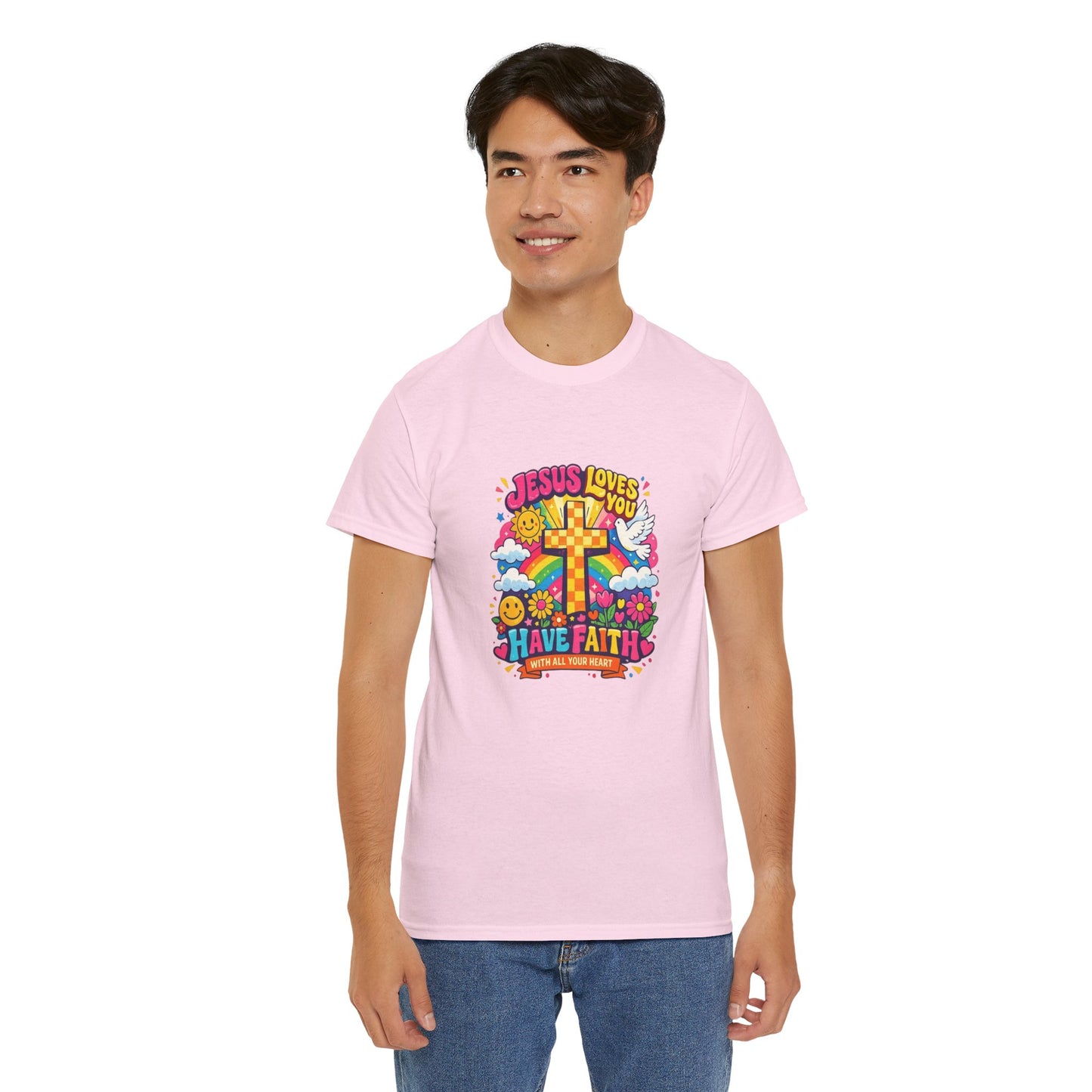 Christian Cross T-Shirt — "Jesus Loves You, Have Faith" Colorful Faith Tee