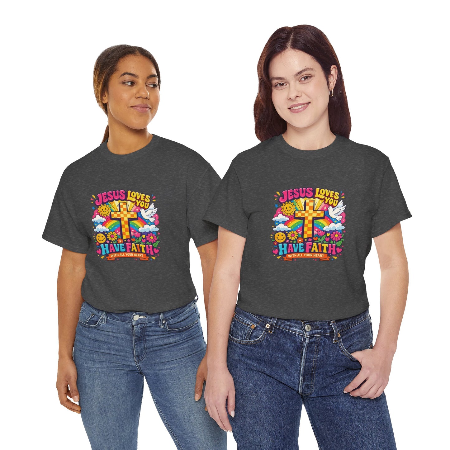 Christian Cross T-Shirt — "Jesus Loves You, Have Faith" Colorful Faith Tee