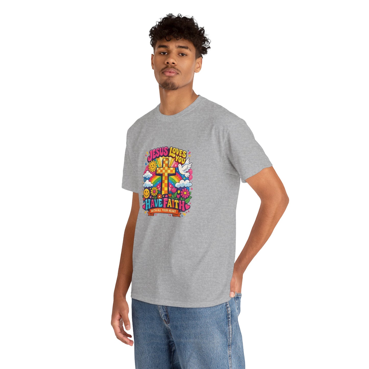 Christian Cross T-Shirt — "Jesus Loves You, Have Faith" Colorful Faith Tee