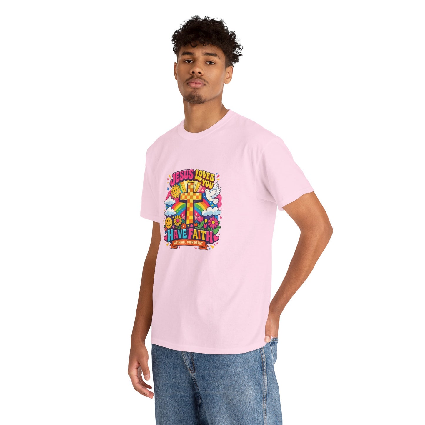 Christian Cross T-Shirt — "Jesus Loves You, Have Faith" Colorful Faith Tee