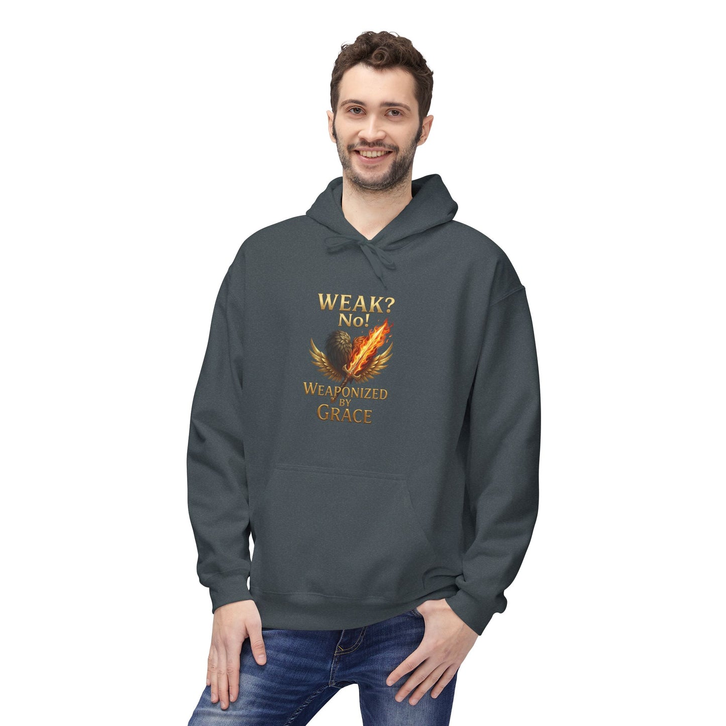 Grace-Armored Hoodie — "Weak? No, Weaponized by Grace" Christian Faith Pullover