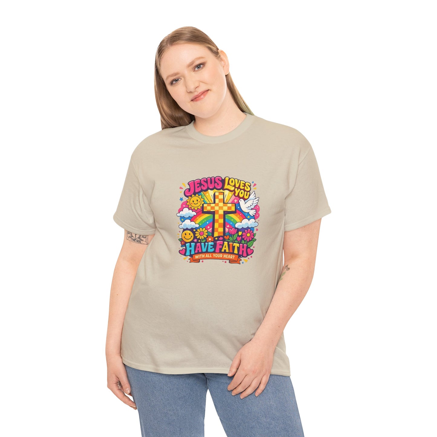 Christian Cross T-Shirt — "Jesus Loves You, Have Faith" Colorful Faith Tee