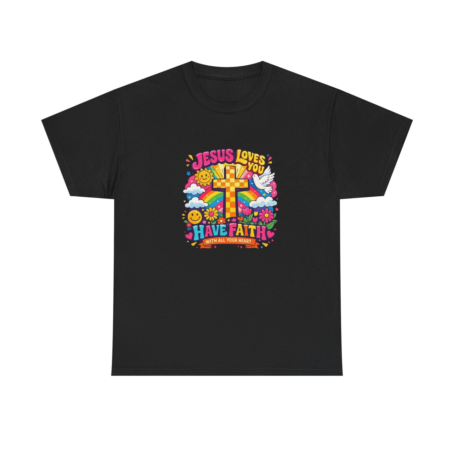 Christian Cross T-Shirt — "Jesus Loves You, Have Faith" Colorful Faith Tee
