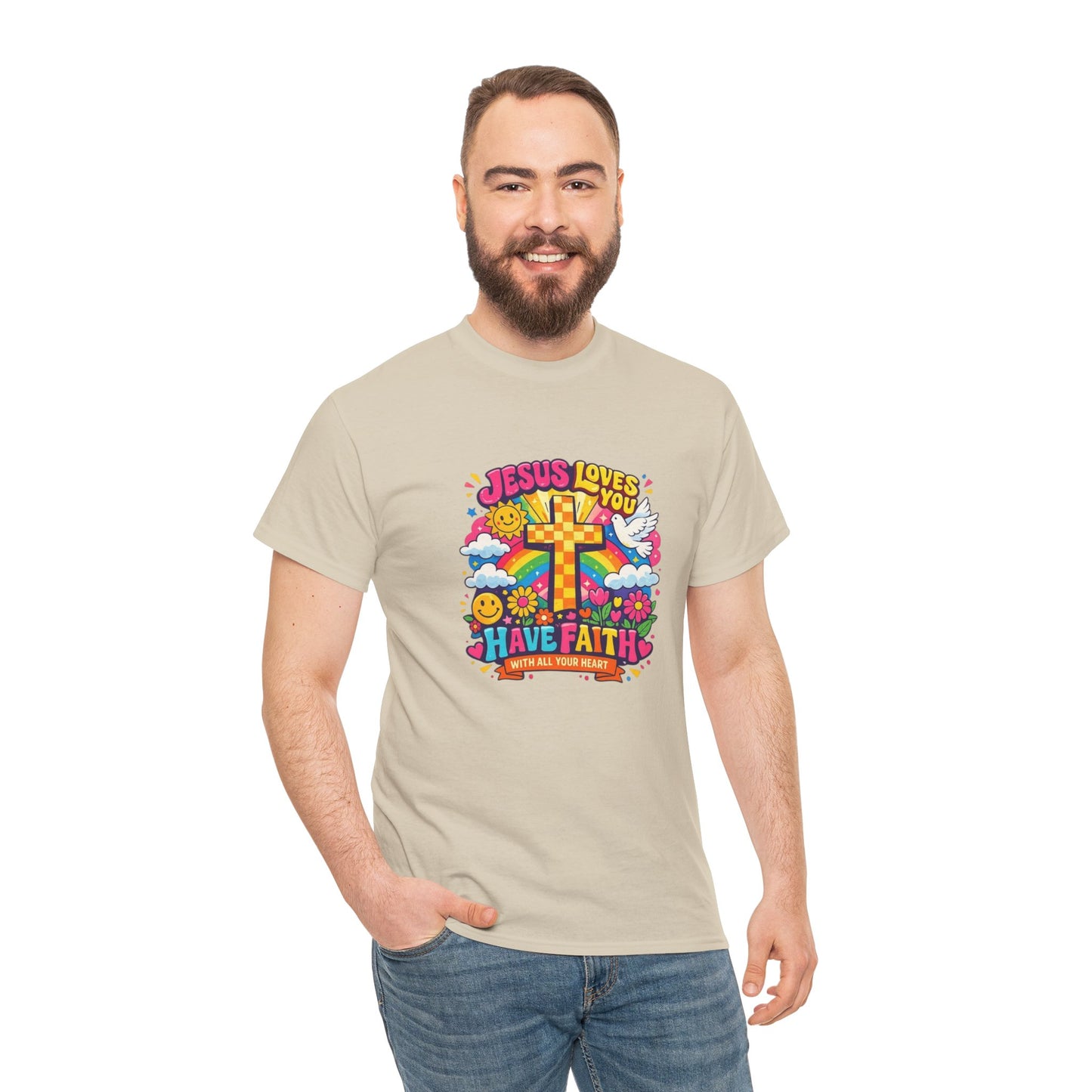 Christian Cross T-Shirt — "Jesus Loves You, Have Faith" Colorful Faith Tee