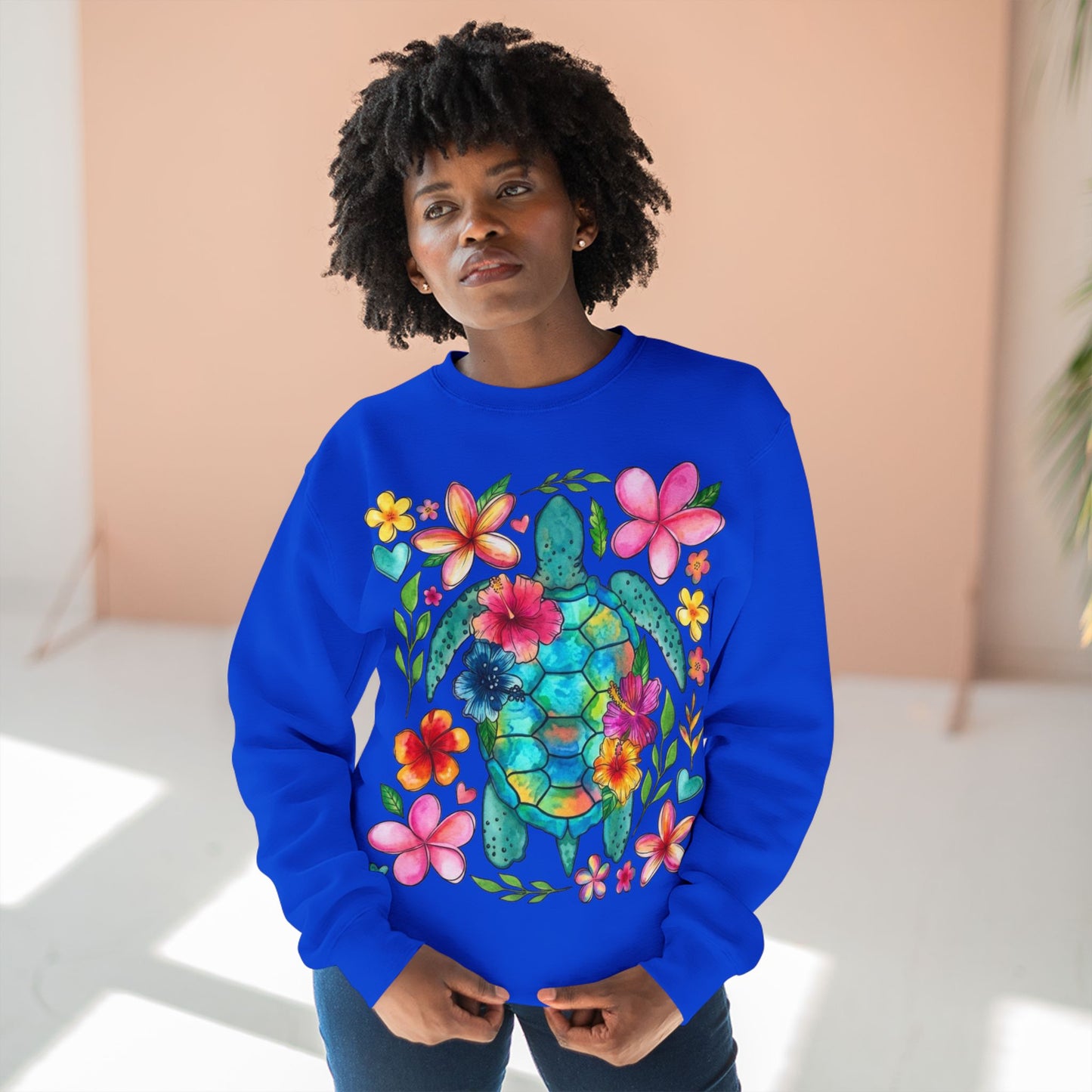 Floral Sea Turtle Sweatshirt — Colorful Watercolor Turtle & Flowers Crewneck