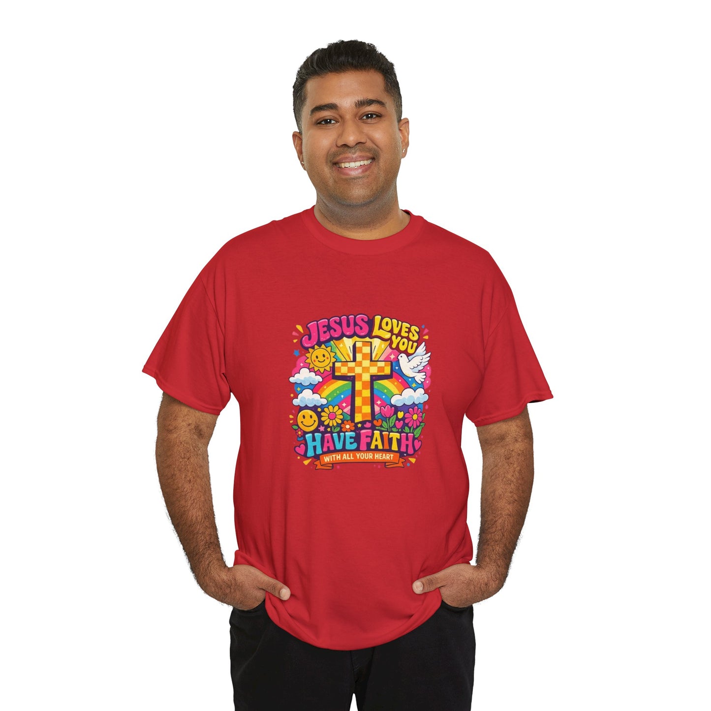 Christian Cross T-Shirt — "Jesus Loves You, Have Faith" Colorful Faith Tee
