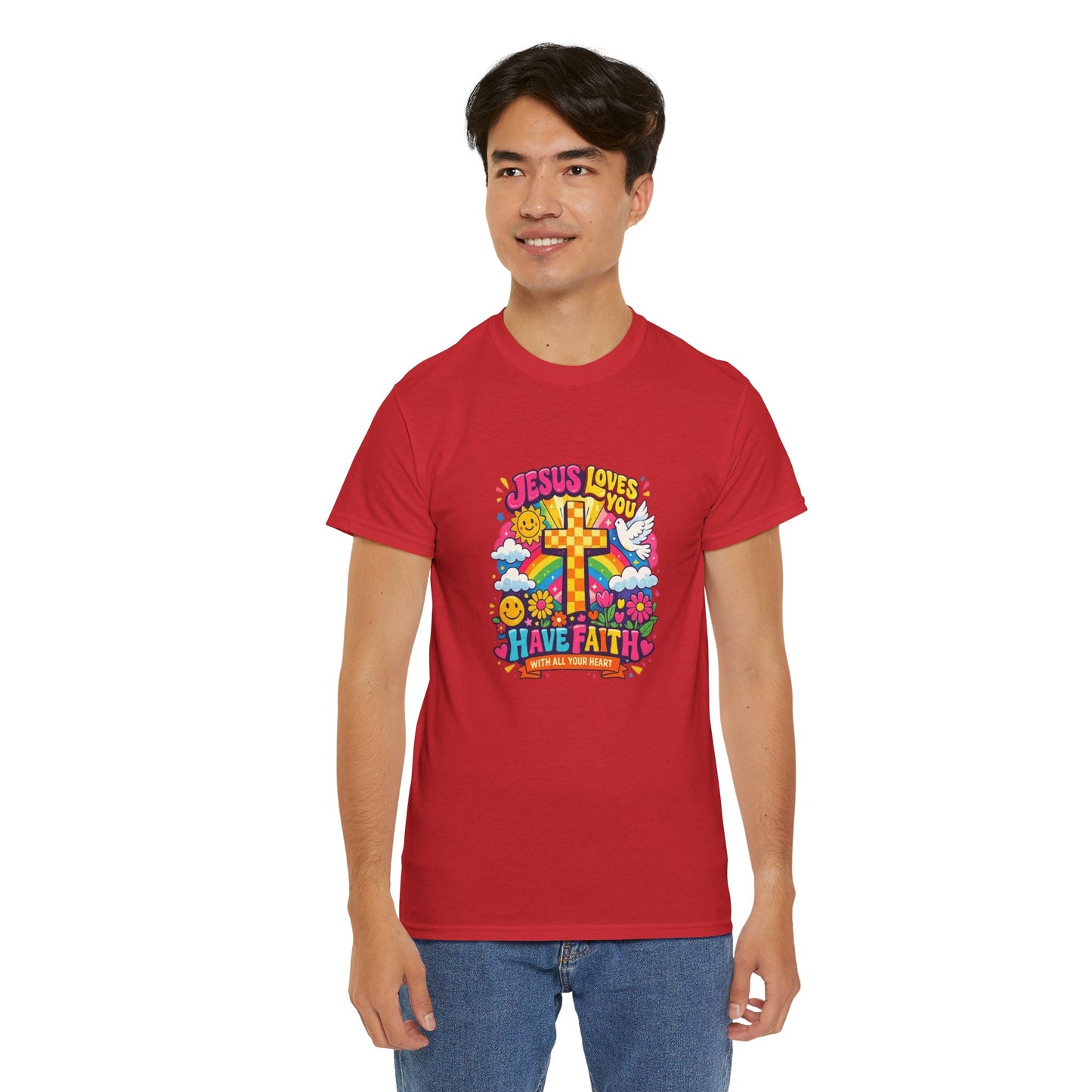 Christian Cross T-Shirt — "Jesus Loves You, Have Faith" Colorful Faith Tee