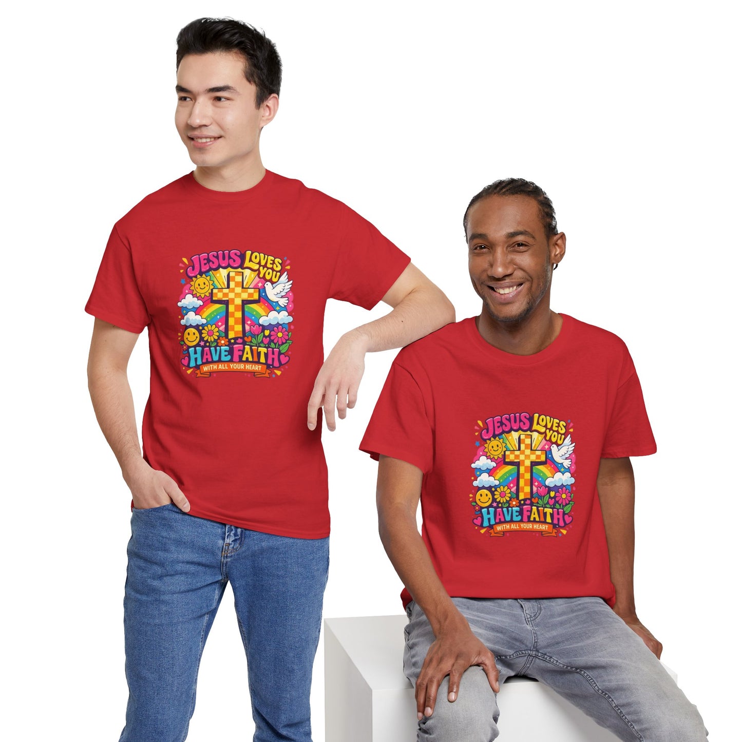 Christian Cross T-Shirt — "Jesus Loves You, Have Faith" Colorful Faith Tee