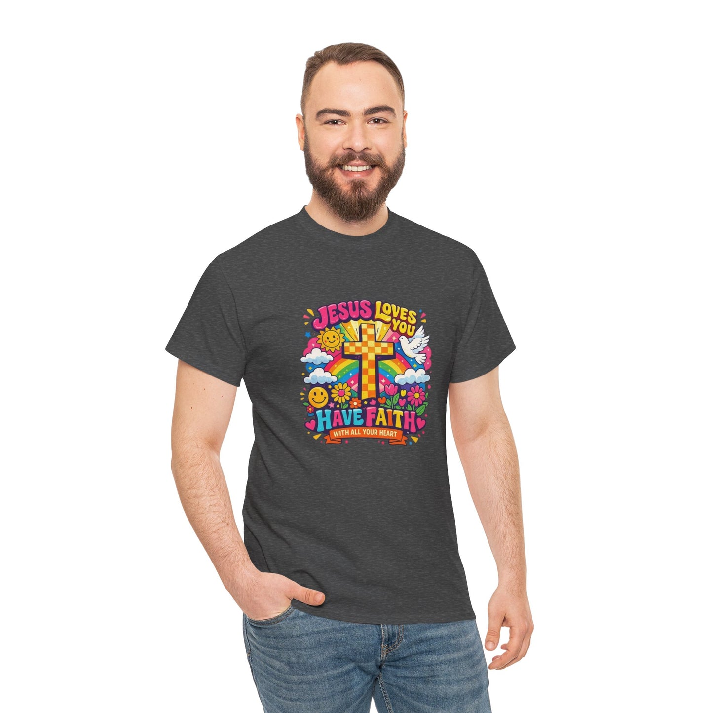 Christian Cross T-Shirt — "Jesus Loves You, Have Faith" Colorful Faith Tee