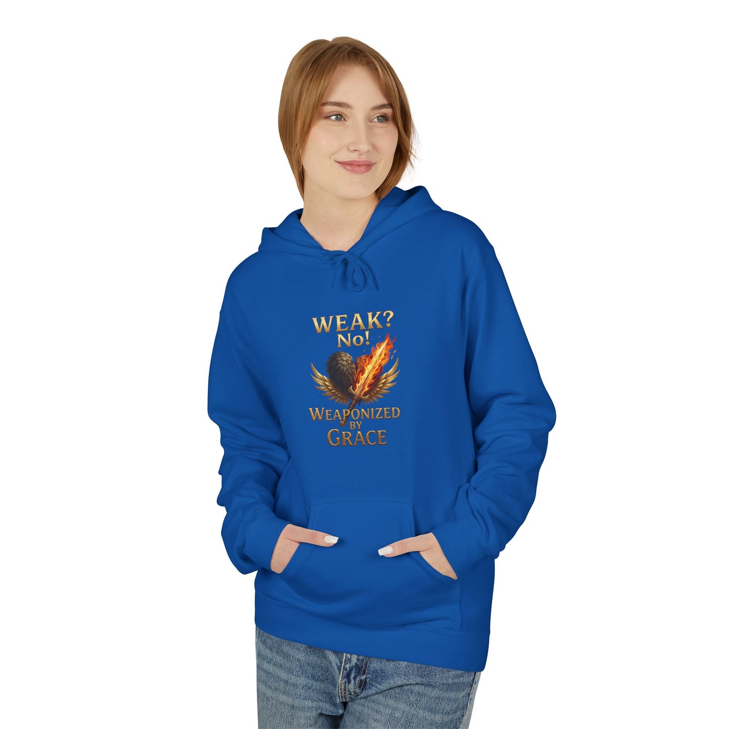 Grace-Armored Hoodie — "Weak? No, Weaponized by Grace" Christian Faith Pullover