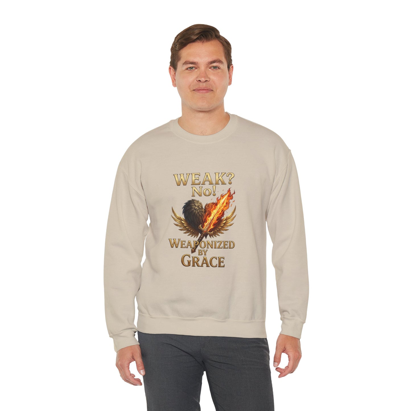 Women's/Unisex Sweatshirt: "Weak? No! Weaponized by Grace" Inspirational Christian Crewneck