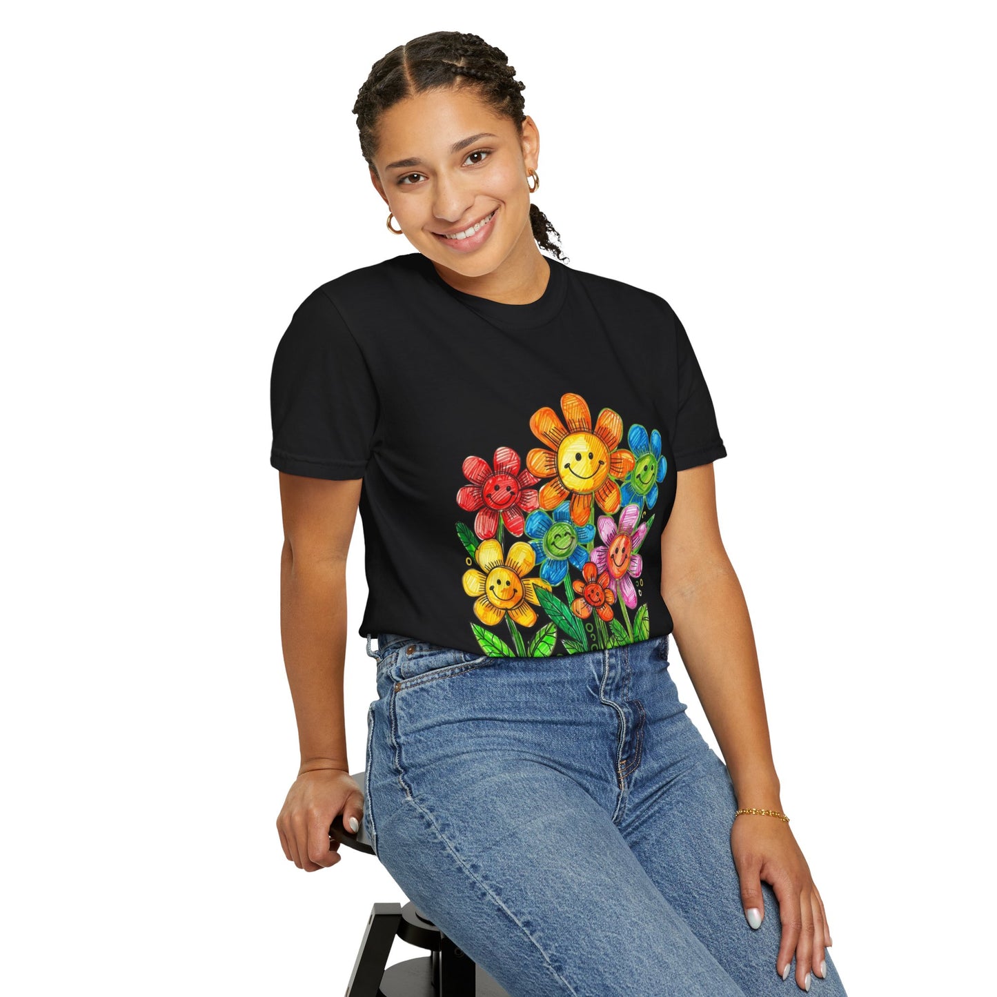Smiling Rainbow Flower Graphic T-Shirt