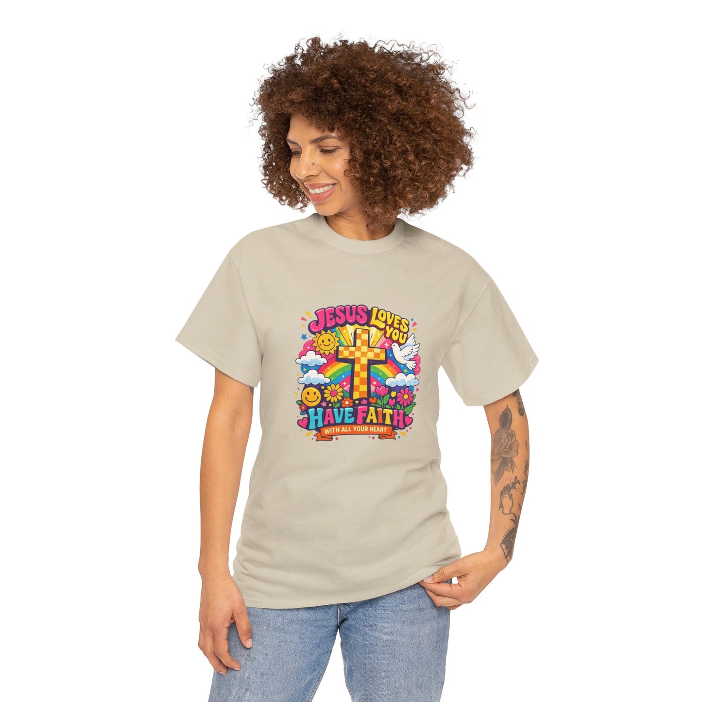 Christian Cross T-Shirt — "Jesus Loves You, Have Faith" Colorful Faith Tee