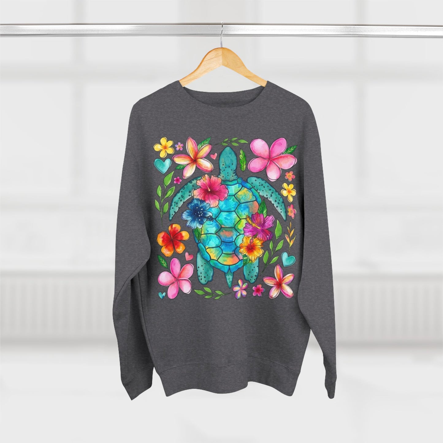 Floral Sea Turtle Sweatshirt — Colorful Watercolor Turtle & Flowers Crewneck