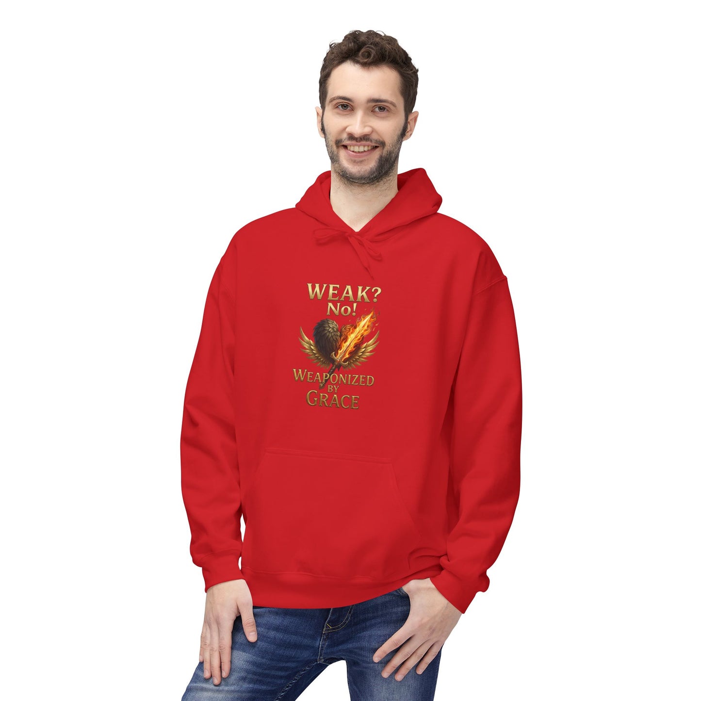 Grace-Armored Hoodie — "Weak? No, Weaponized by Grace" Christian Faith Pullover