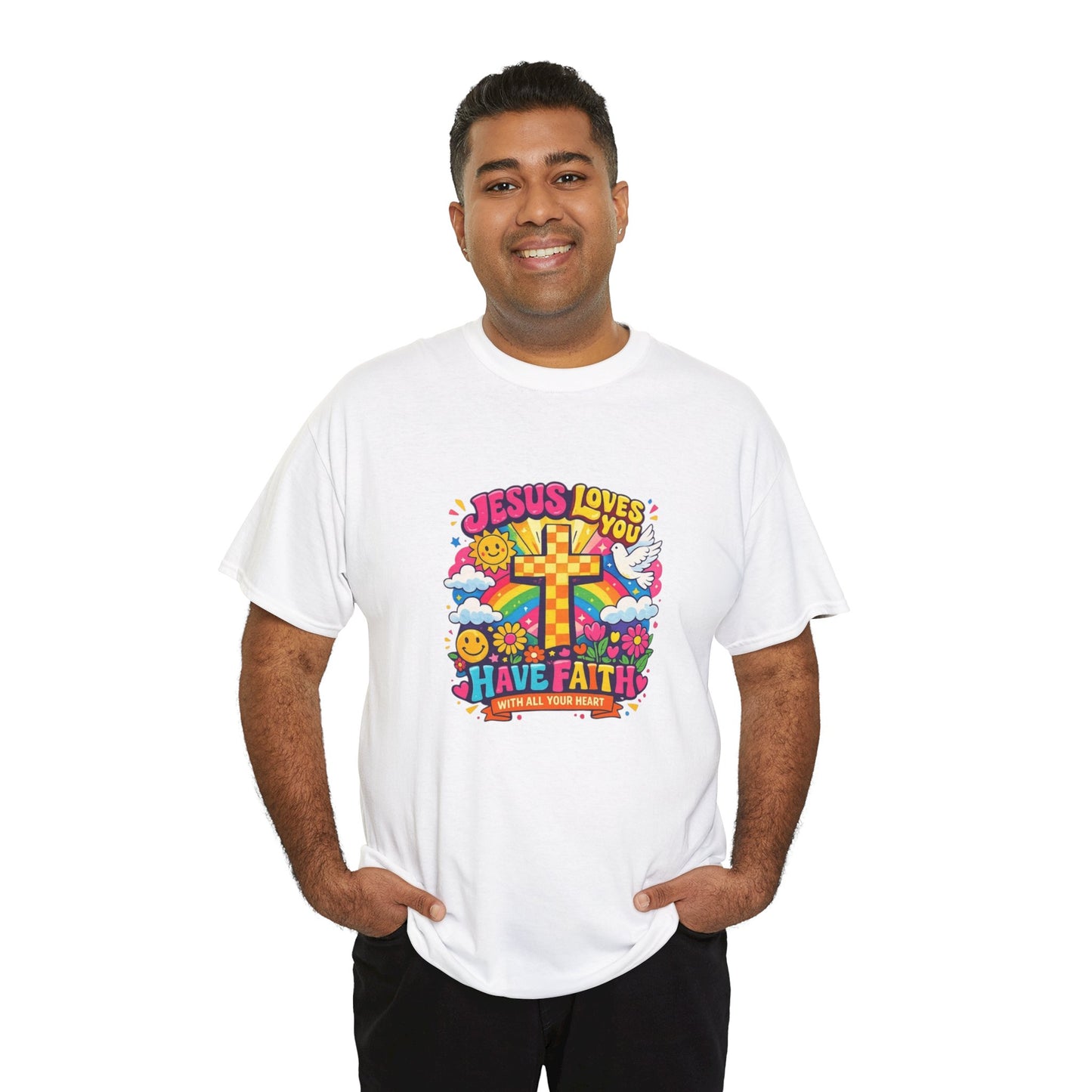 Christian Cross T-Shirt — "Jesus Loves You, Have Faith" Colorful Faith Tee