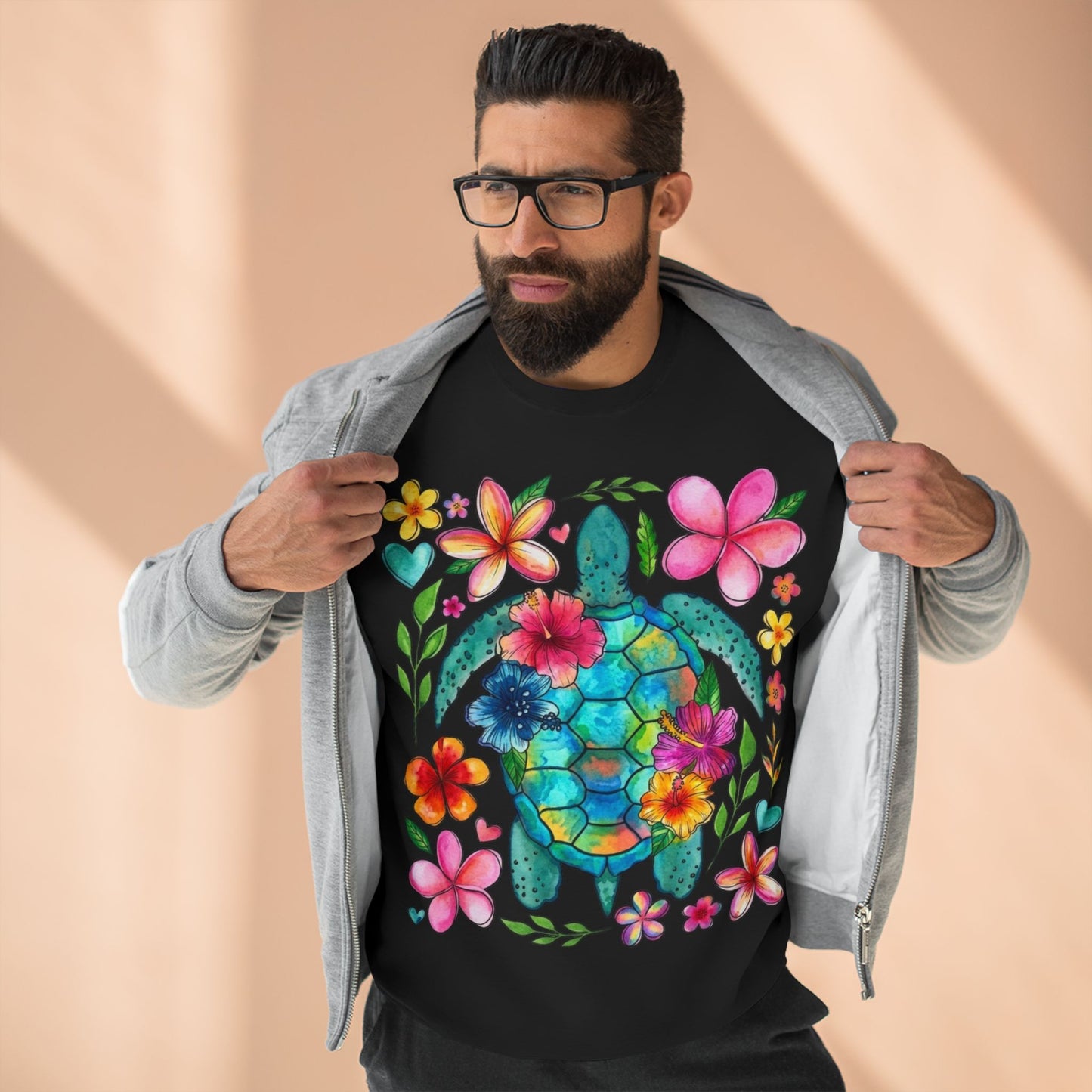 Floral Sea Turtle Sweatshirt — Colorful Watercolor Turtle & Flowers Crewneck