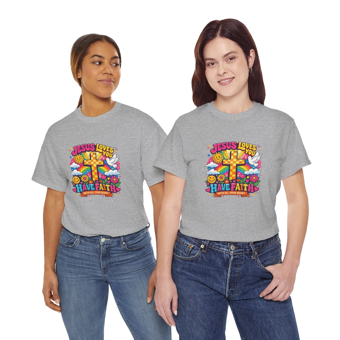 Christian Cross T-Shirt — "Jesus Loves You, Have Faith" Colorful Faith Tee