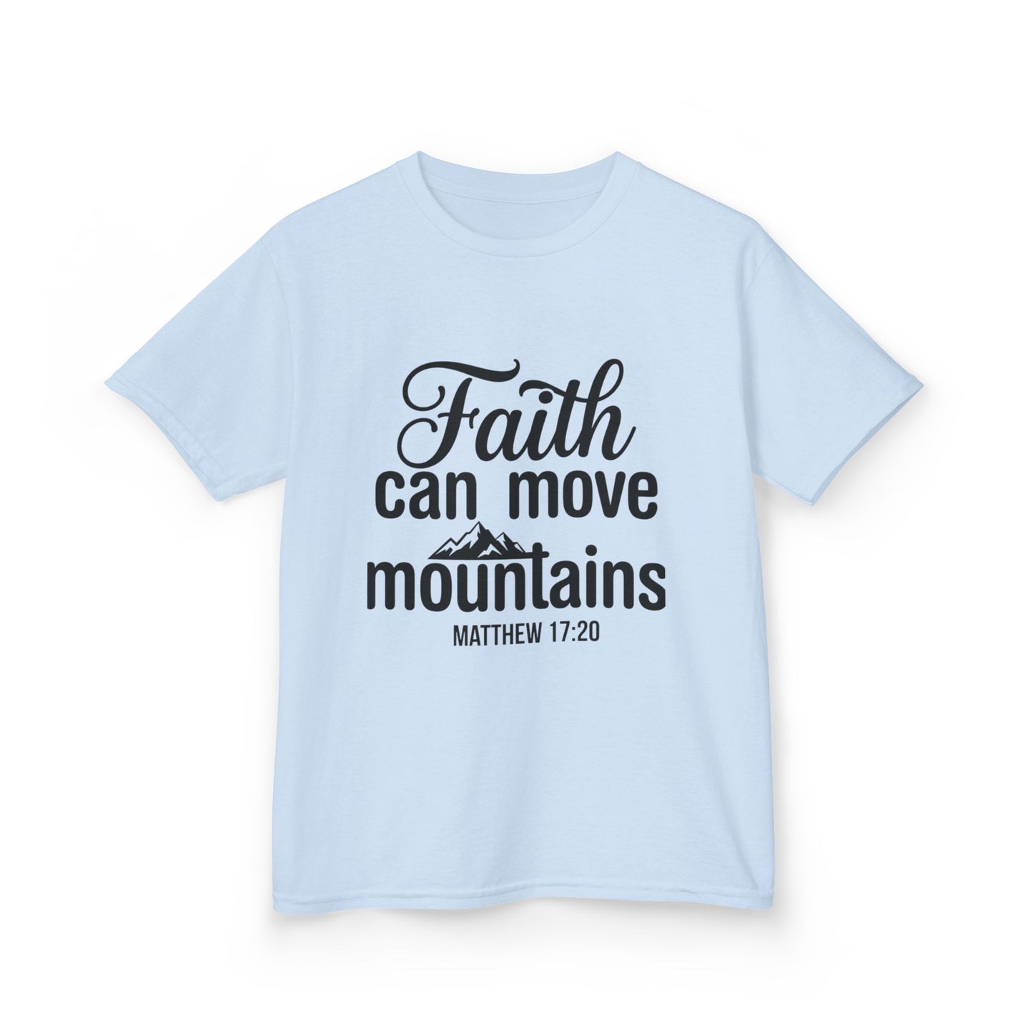 Kids Tee - "Faith Can Move Mountains" Christian Scripture Shirt (Matthew 17:20)