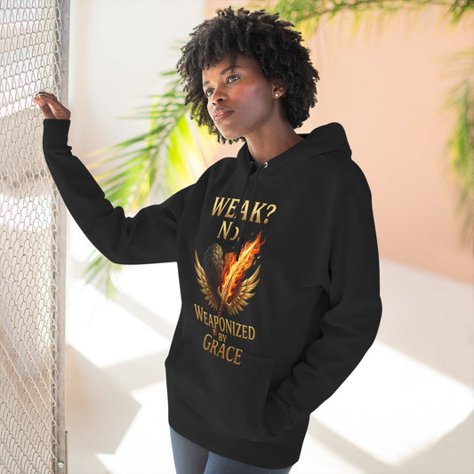 Hoodie - "Weak? No. Weaponized by Grace" Christian Inspirational Pullover