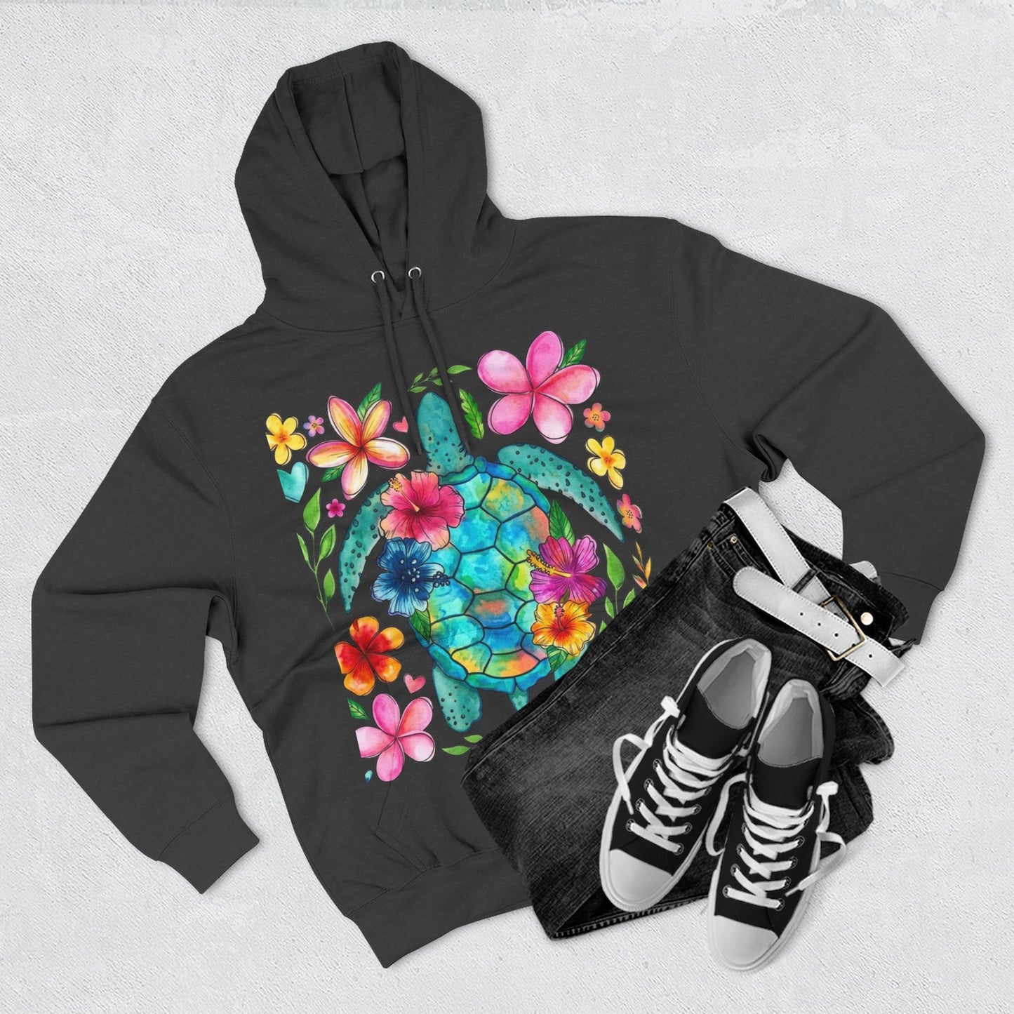 Turtle Floral Hoodie - Watercolor Sea Turtle with Tropical Flowers Fleece Pullover