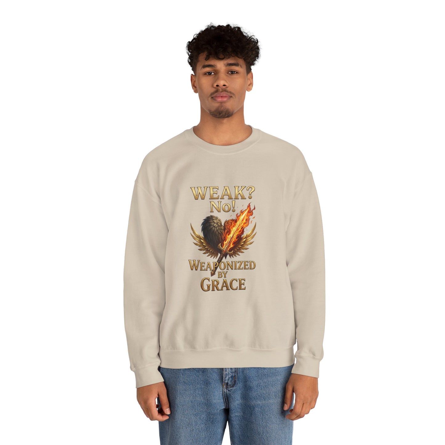 Women's/Unisex Sweatshirt: "Weak? No! Weaponized by Grace" Inspirational Christian Crewneck