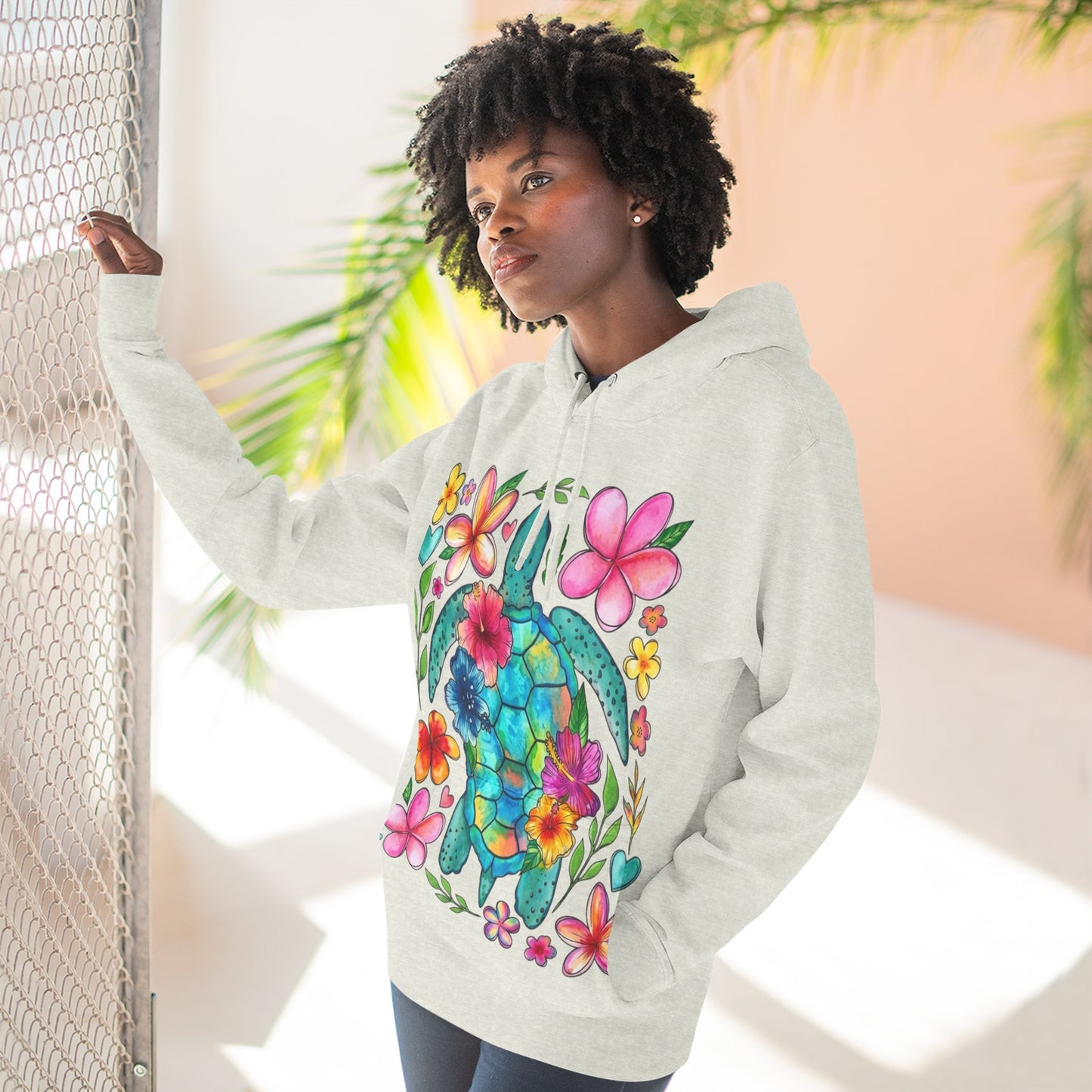 Turtle Floral Hoodie - Watercolor Sea Turtle with Tropical Flowers Fleece Pullover
