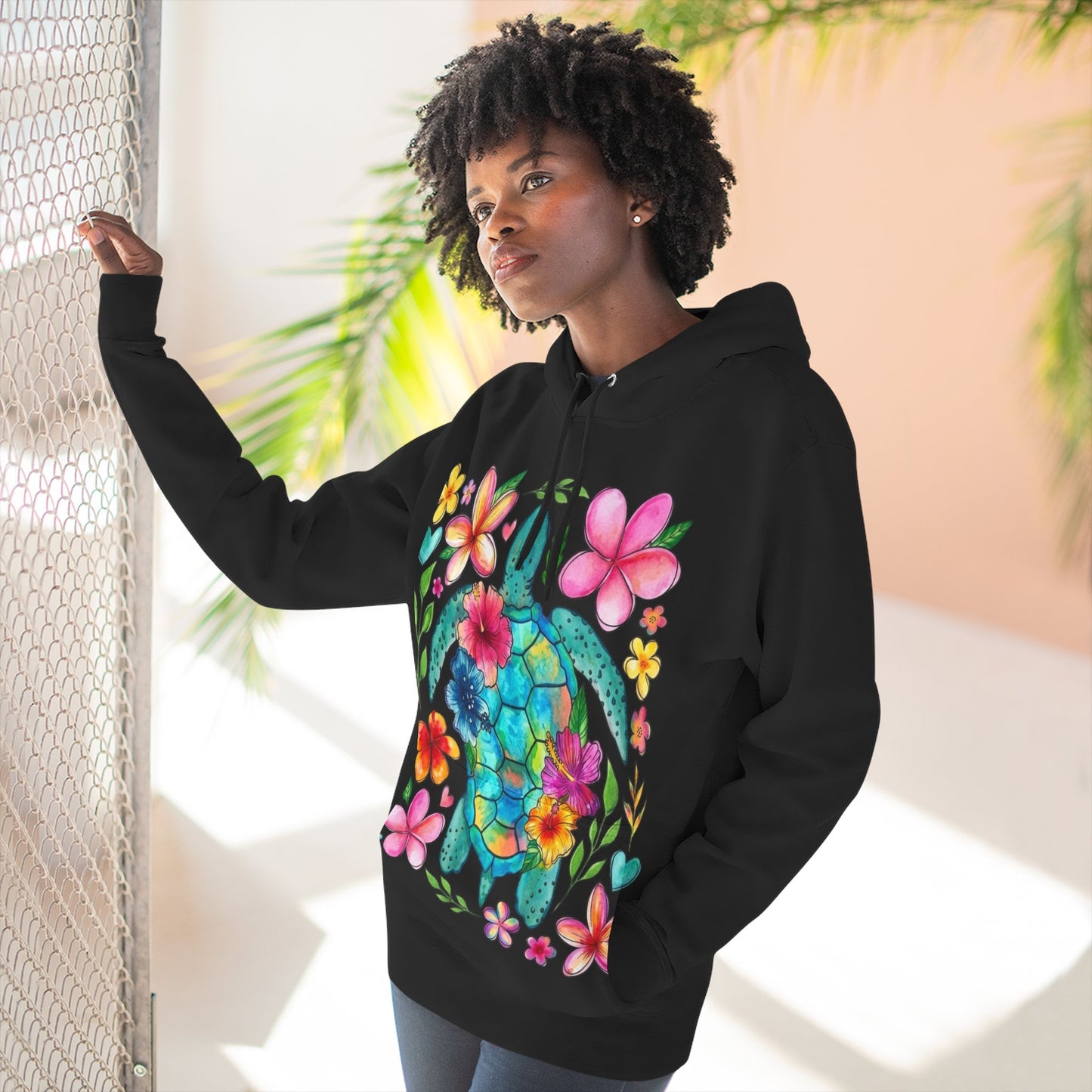 Turtle Floral Hoodie - Watercolor Sea Turtle with Tropical Flowers Fleece Pullover